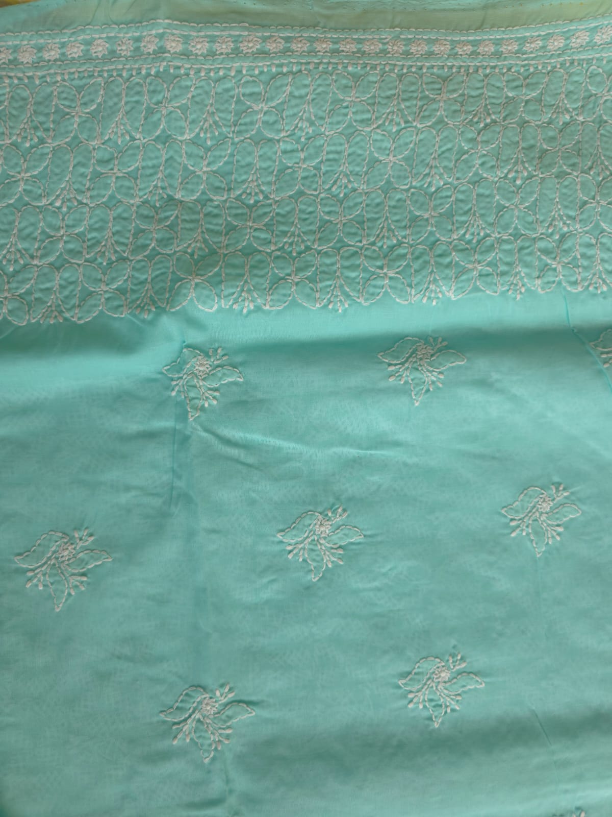 Sea Green Cotton kurta fabric with Fine handwork