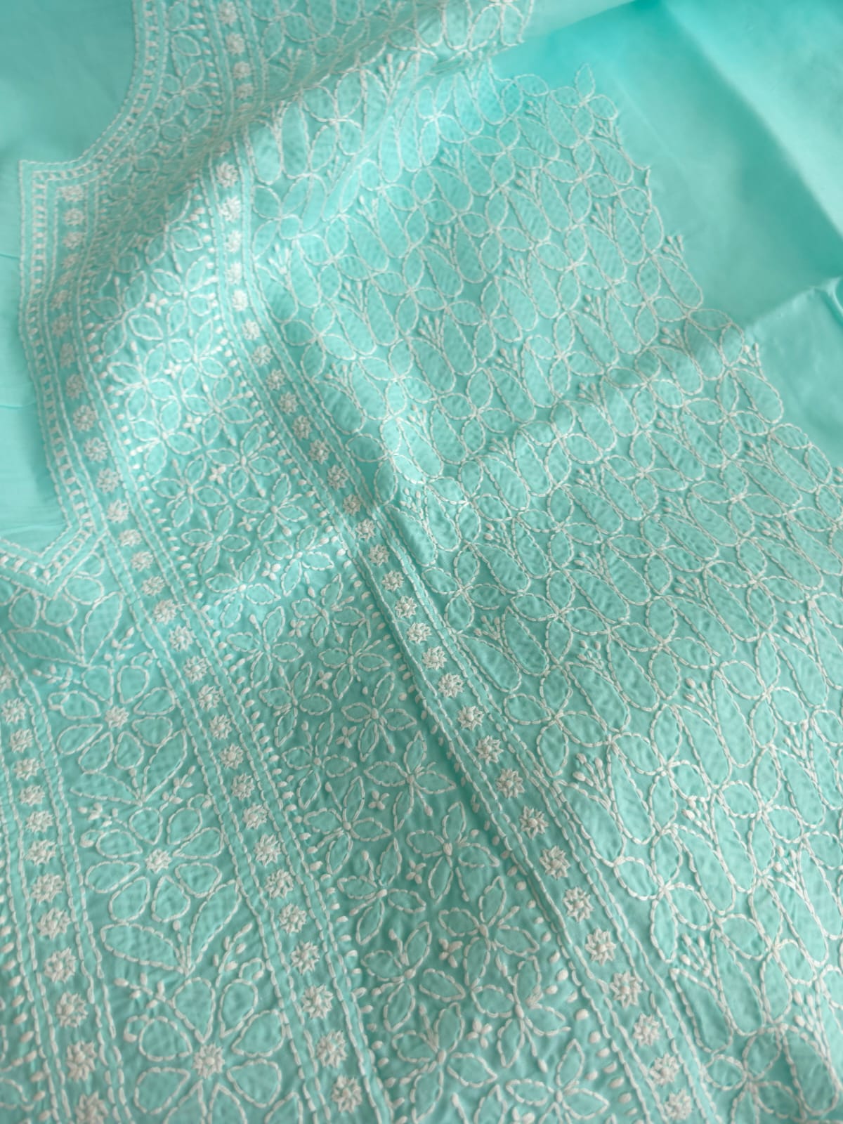 Sea Green Cotton kurta fabric with Fine handwork