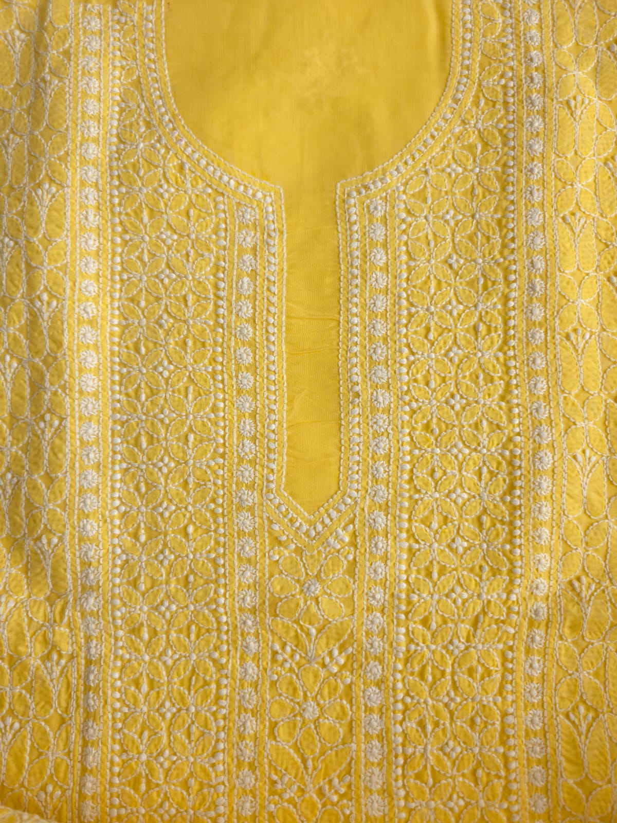 Mango yellow Cotton Kurta fabric with Fine handwork