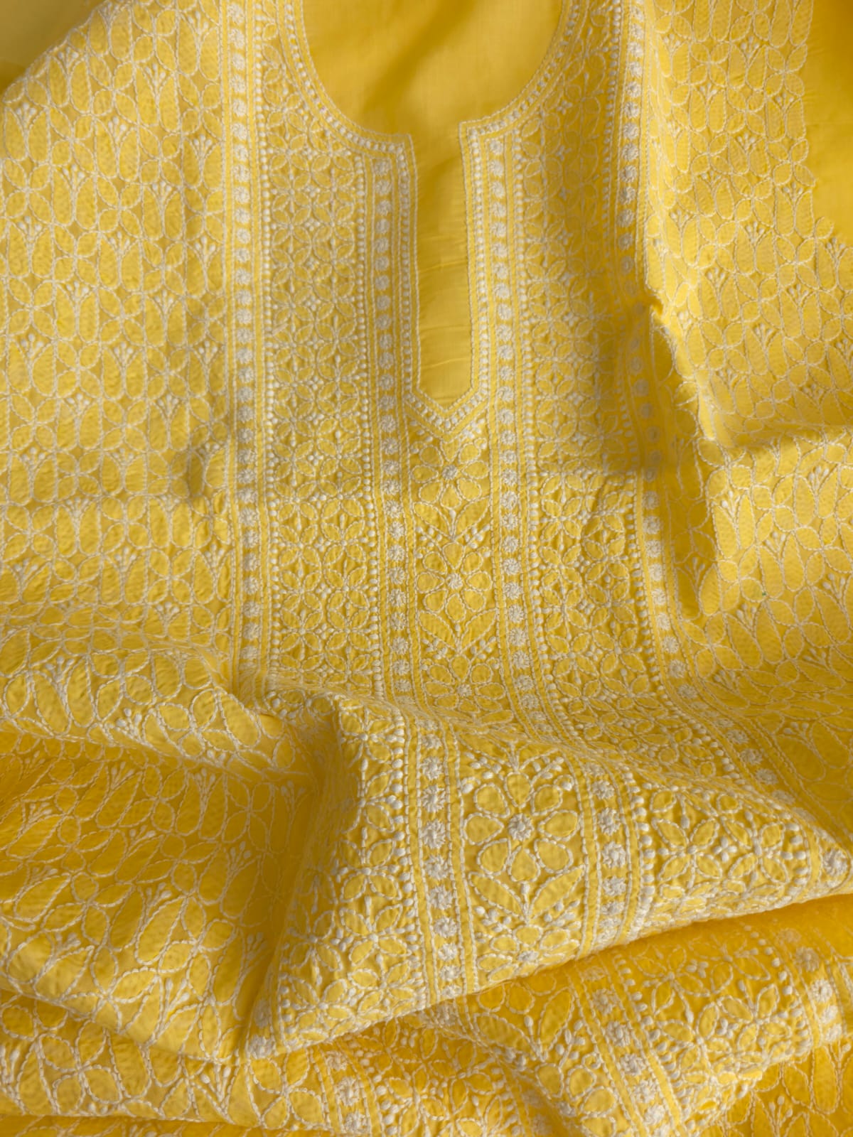 Mango yellow Cotton Kurta fabric with Fine handwork
