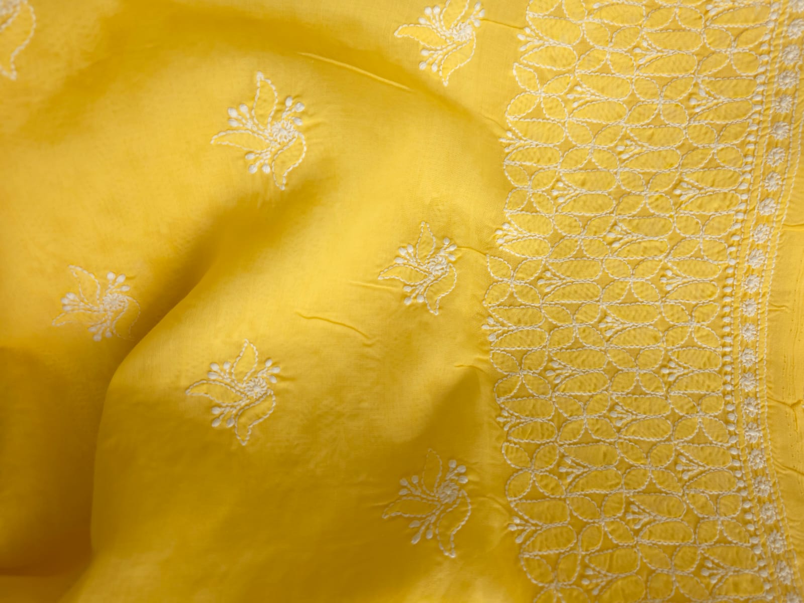 Mango yellow Cotton Kurta fabric with Fine handwork