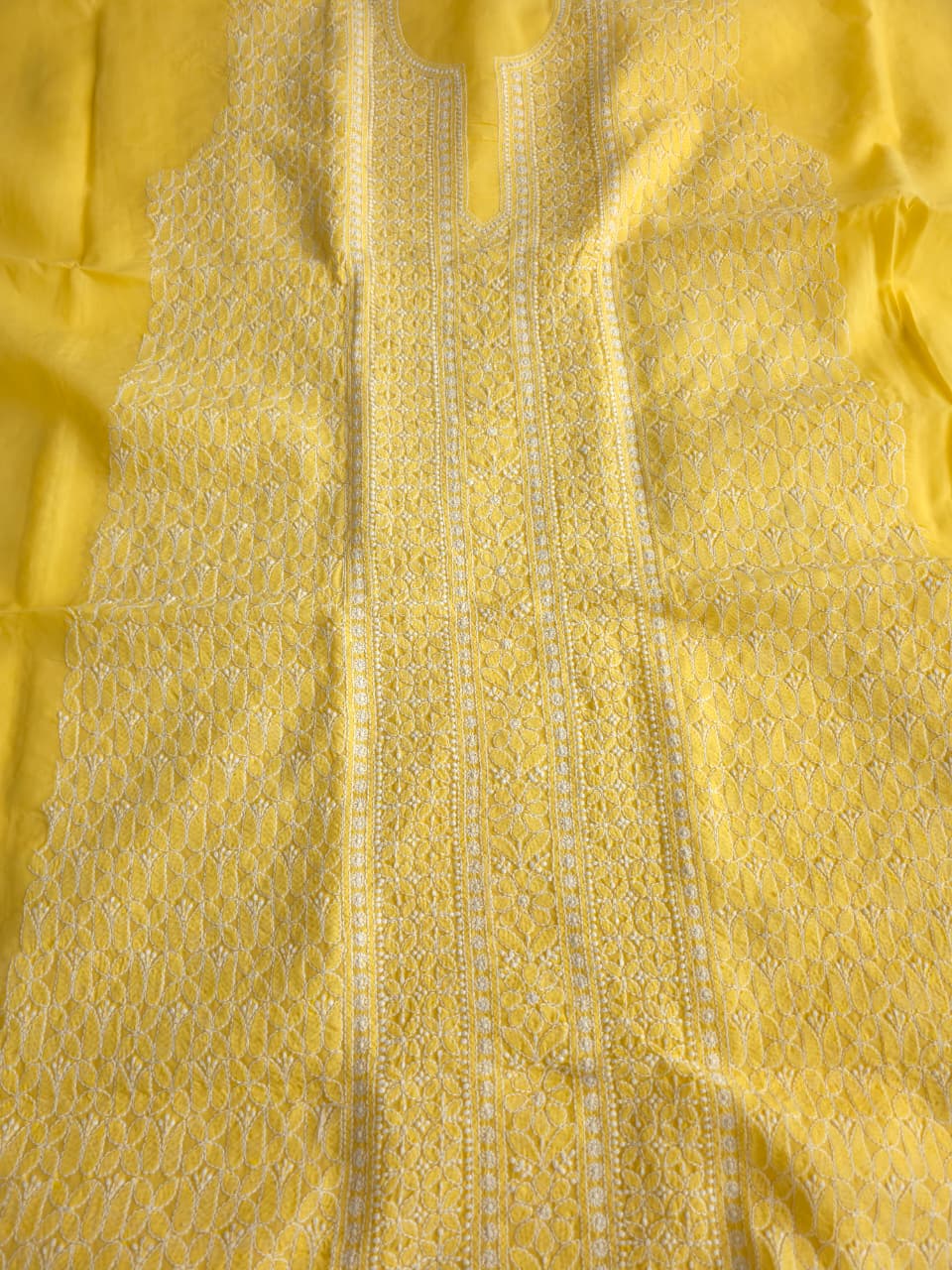Mango yellow Cotton Kurta fabric with Fine handwork