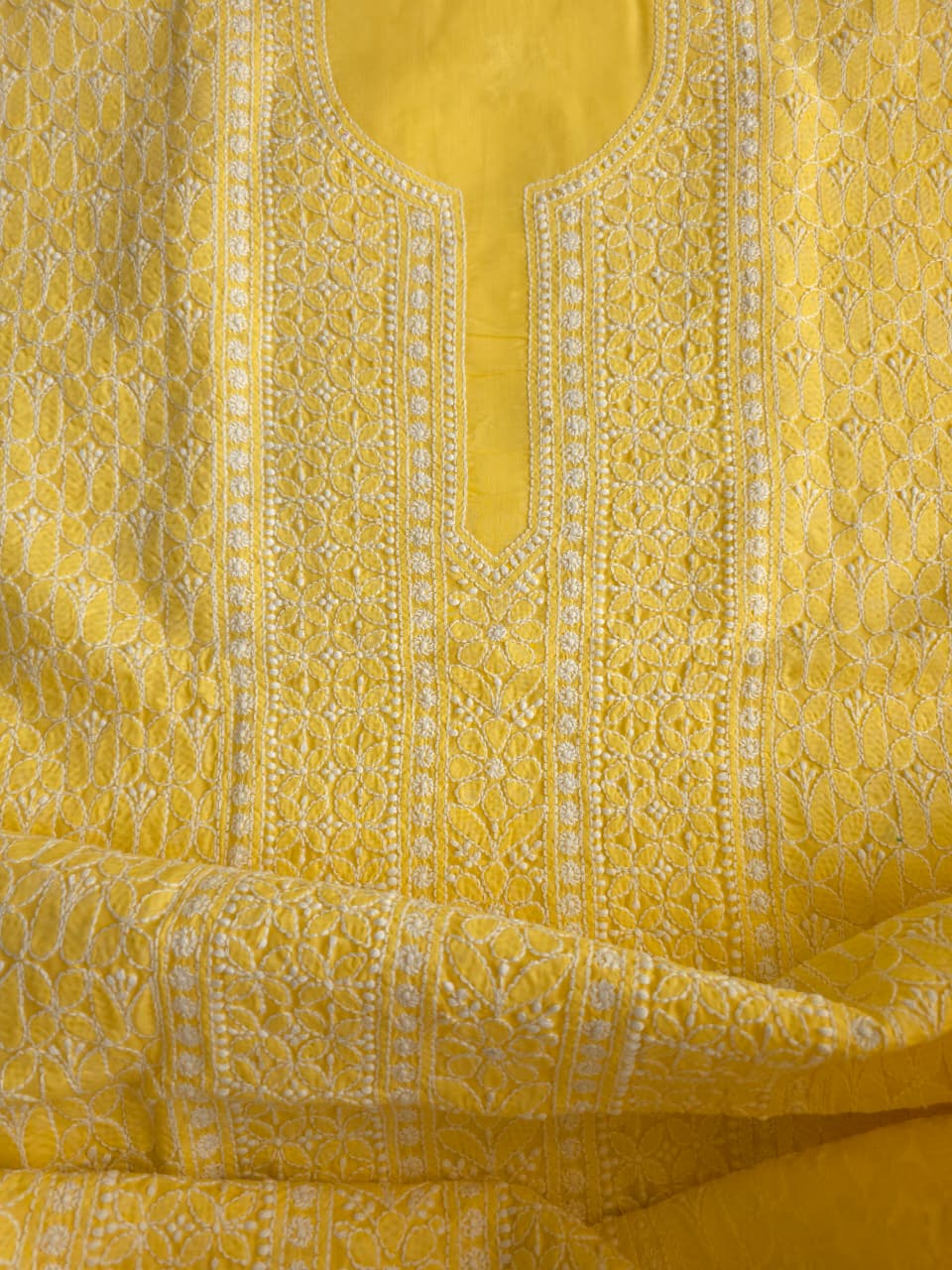 Mango yellow Cotton Kurta fabric with Fine handwork