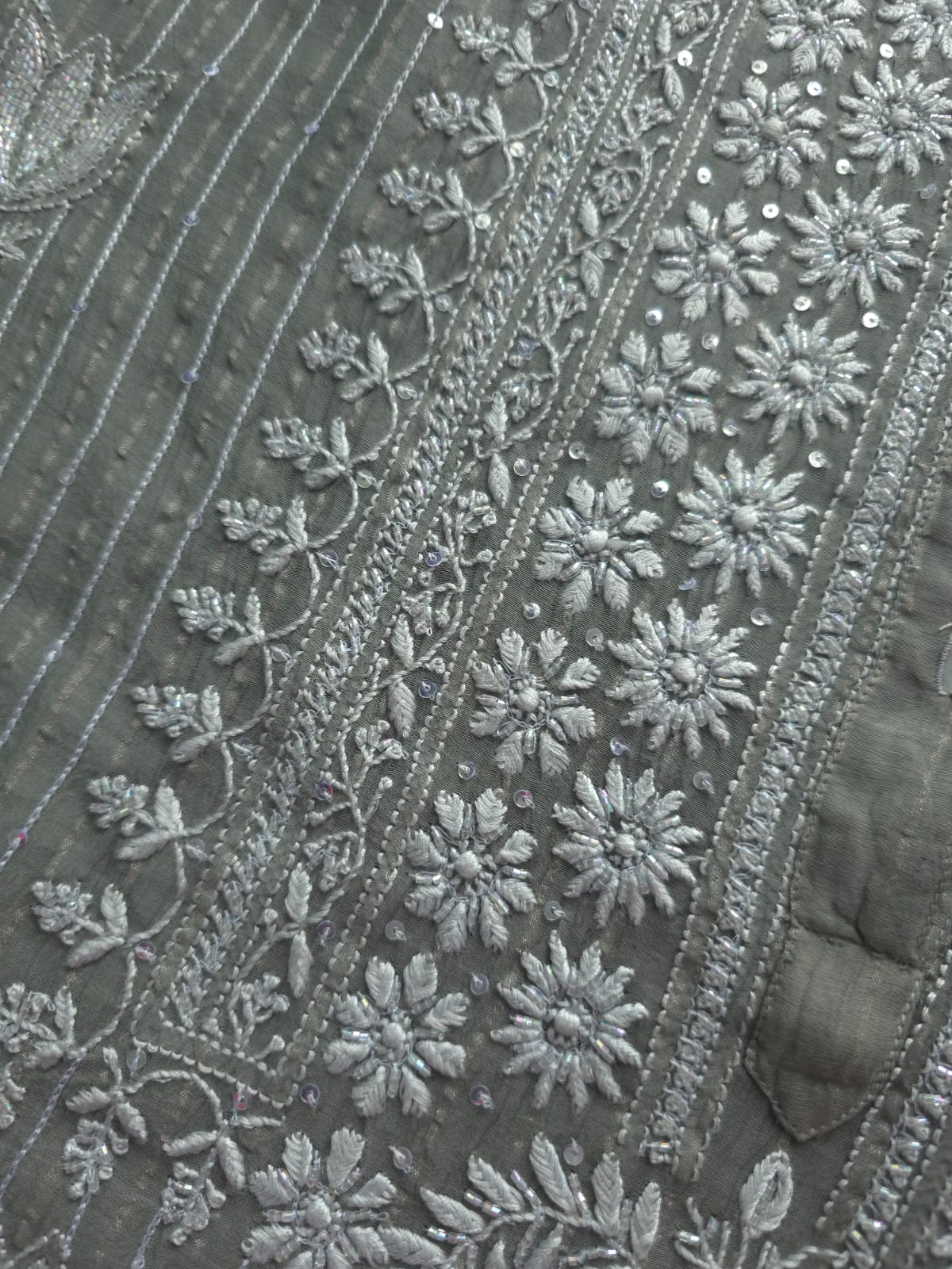 Mul Chanderi semi stitched Zari stipes set with chikan work and embellishments