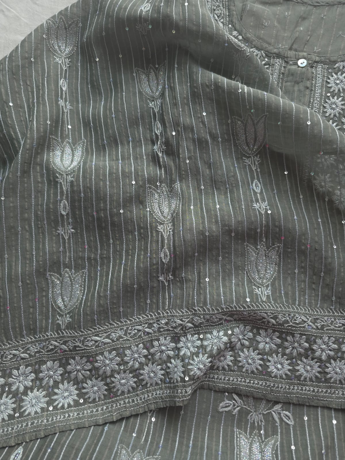 Mul Chanderi semi stitched Zari stipes set with chikan work and embellishments