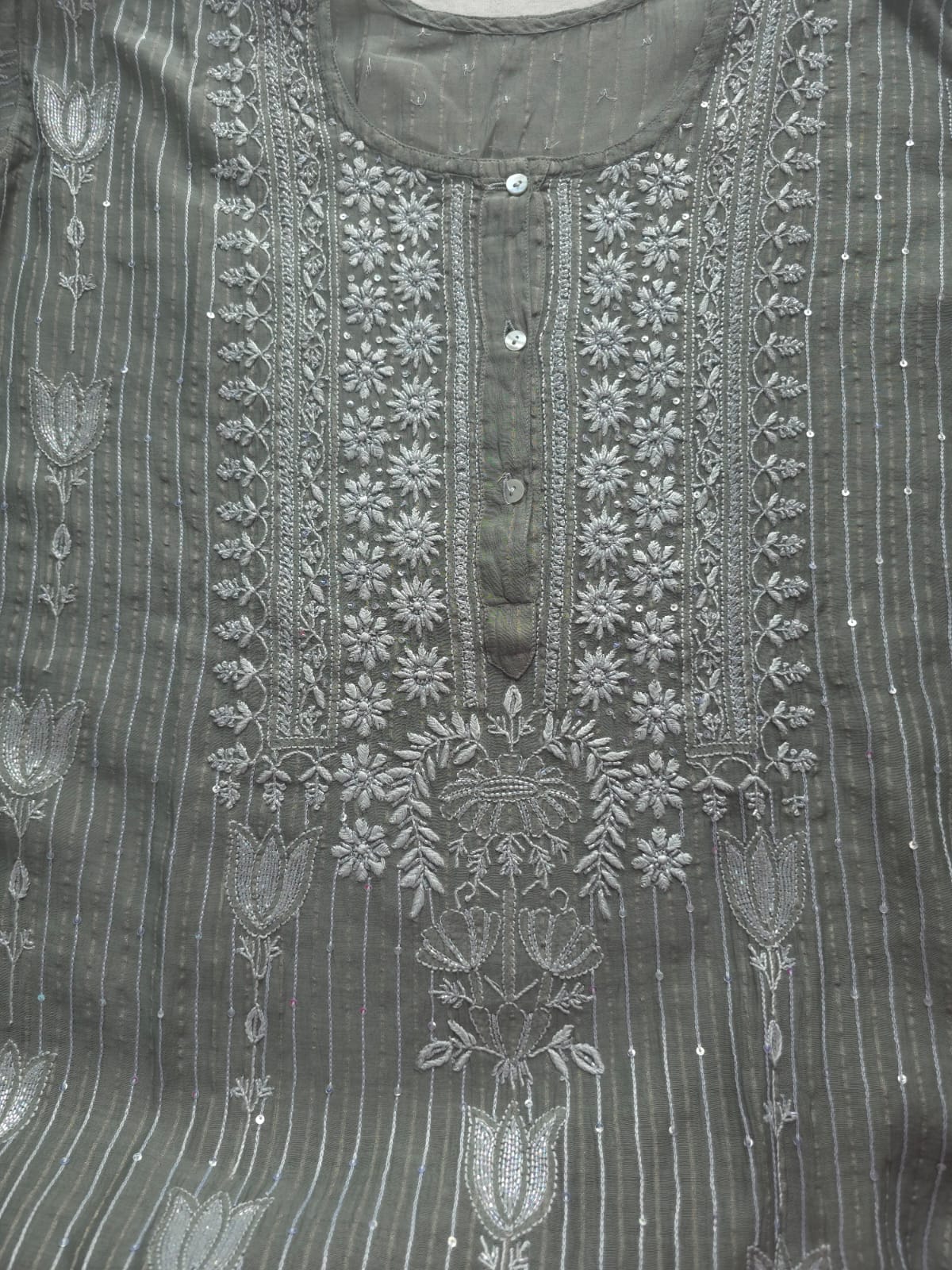 Mul Chanderi semi stitched Zari stipes set with chikan work and embellishments