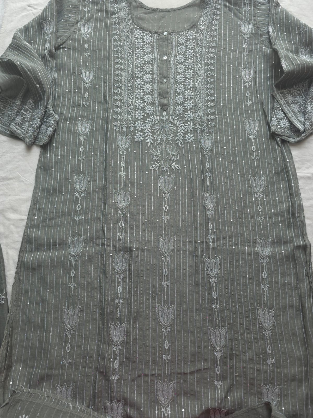 Mul Chanderi semi stitched Zari stipes set with chikan work and embellishments