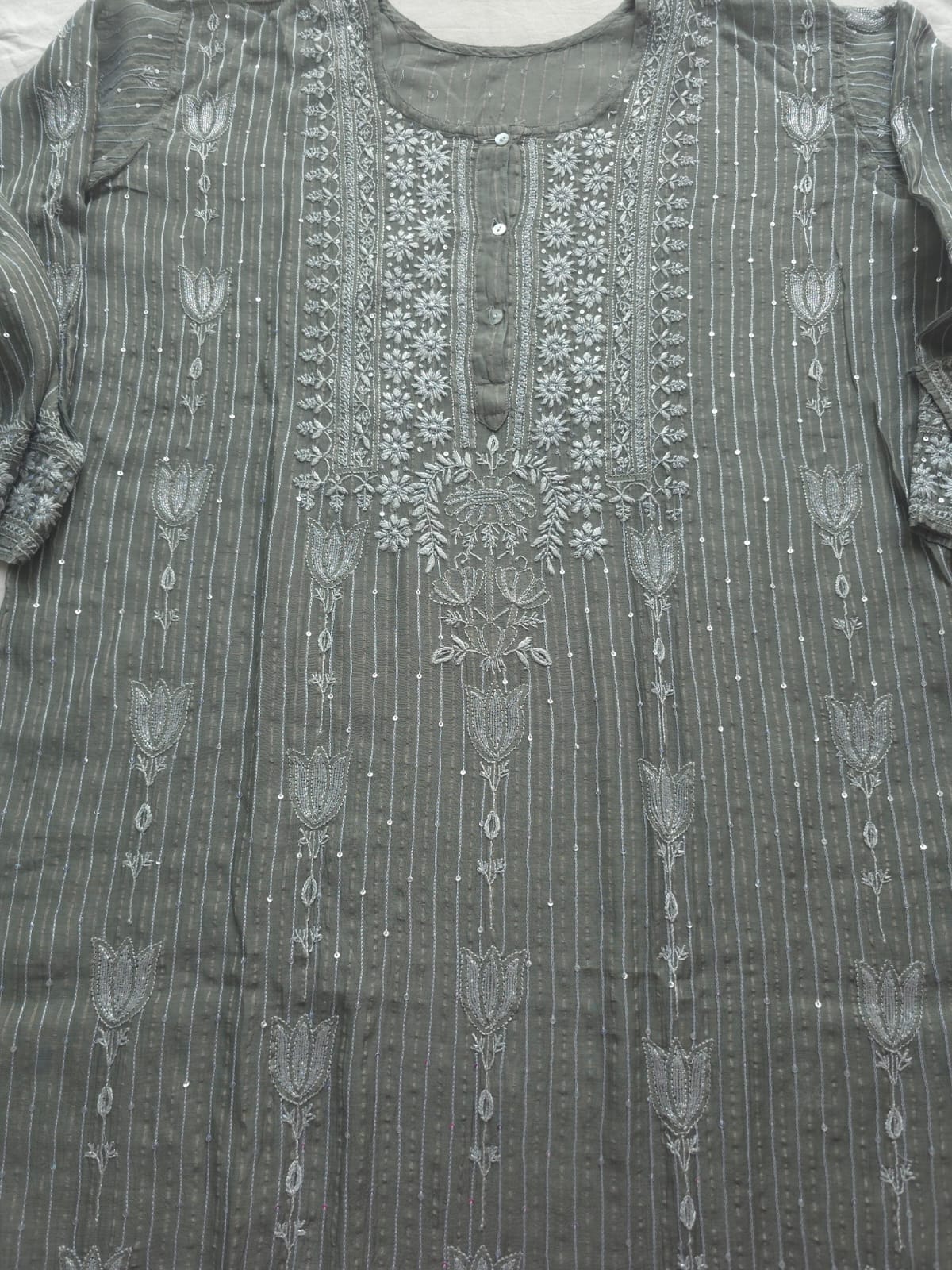 Mul Chanderi semi stitched Zari stipes set with chikan work and embellishments