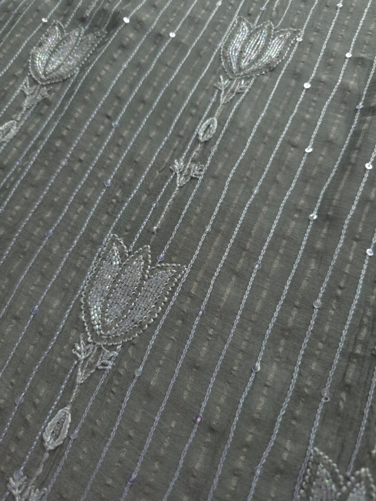 Mul Chanderi semi stitched Zari stipes set with chikan work and embellishments