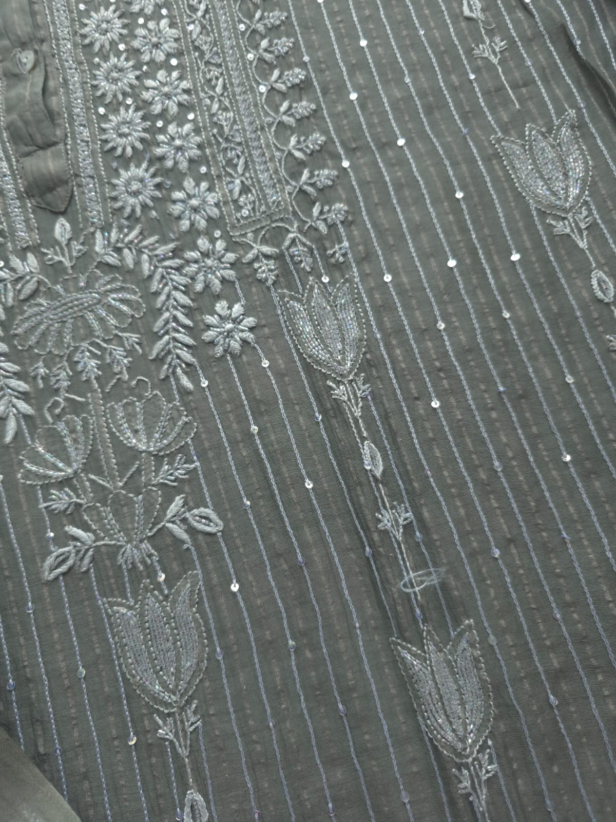 Mul Chanderi semi stitched Zari stipes set with chikan work and embellishments