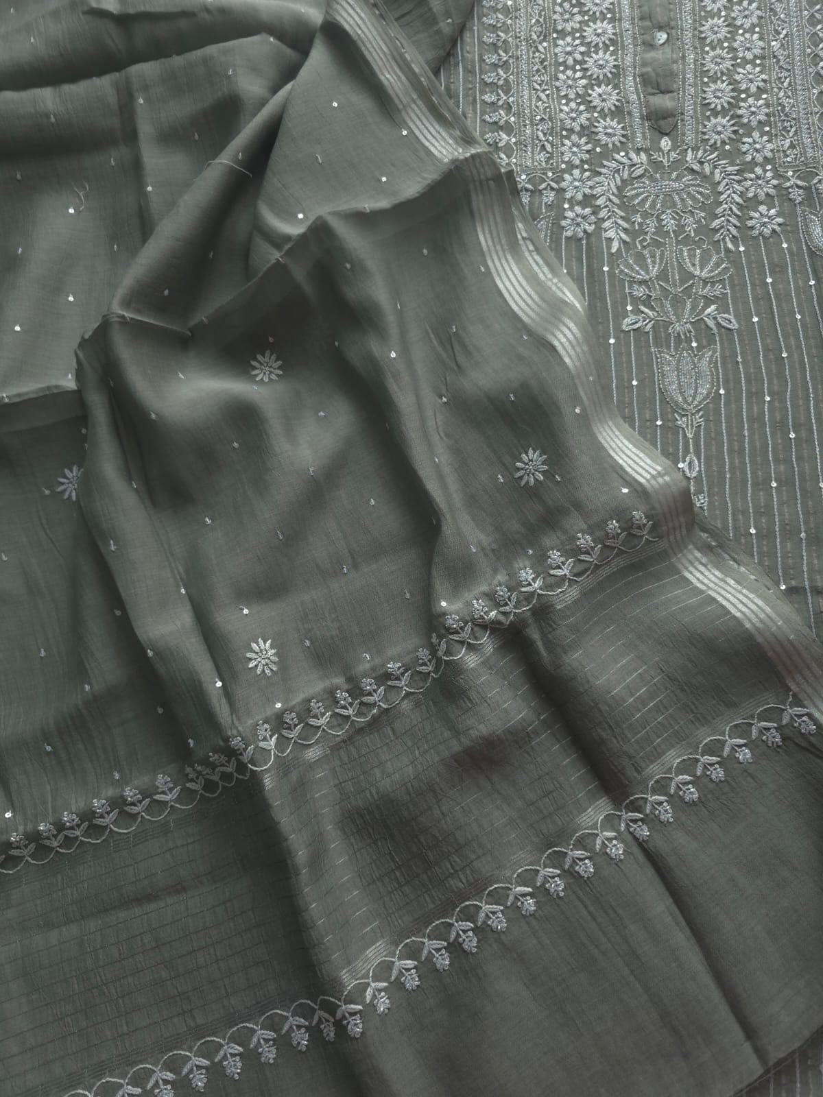 Mul Chanderi semi stitched Zari stipes set with chikan work and embellishments