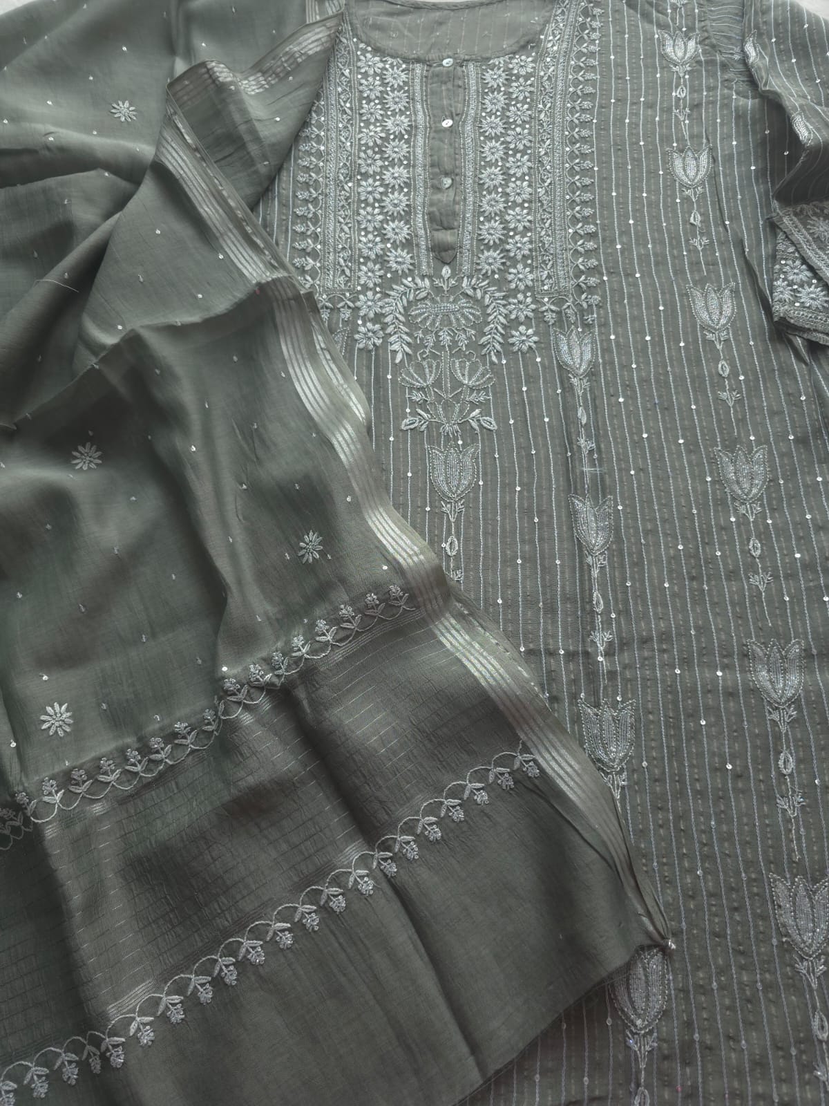 Mul Chanderi semi stitched Zari stipes set with chikan work and embellishments