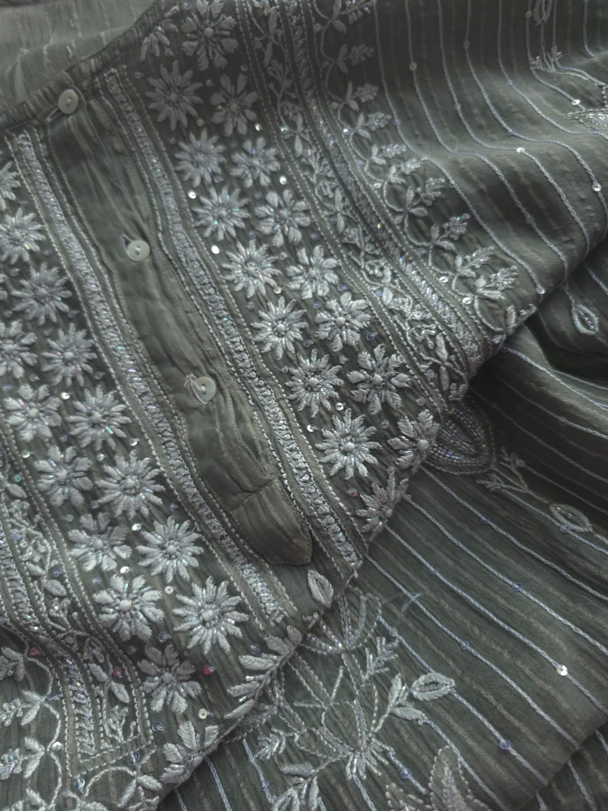 Mul Chanderi semi stitched Zari stipes set with chikan work and embellishments