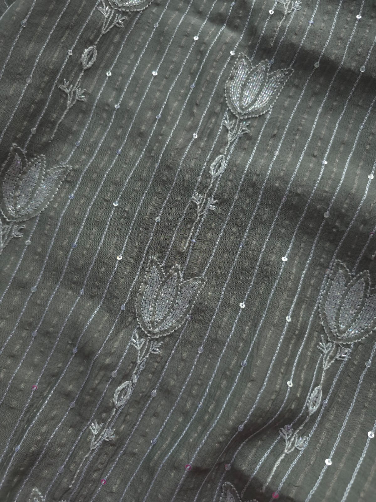 Mul Chanderi semi stitched Zari stipes set with chikan work and embellishments