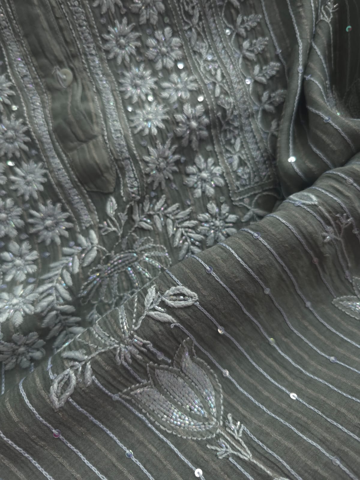 Mul Chanderi semi stitched Zari stipes set with chikan work and embellishments