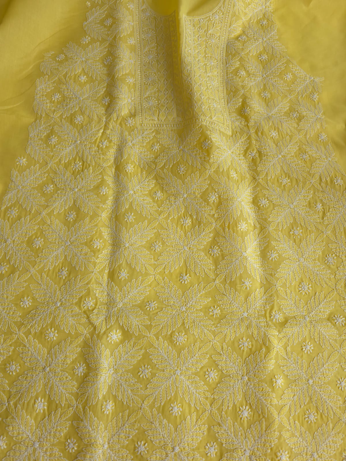 Mango Yellow Cotton kurta fabric with Jaalwork