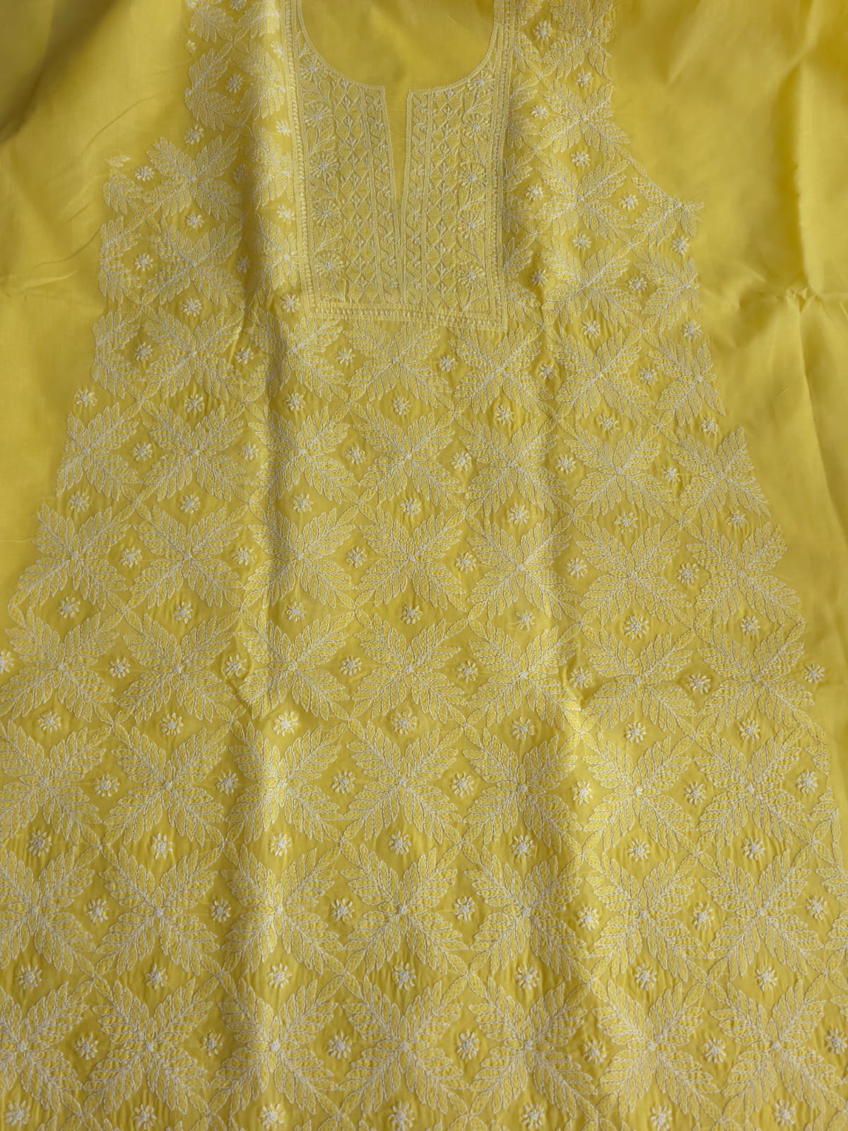 Mango Yellow Cotton kurta fabric with Jaalwork