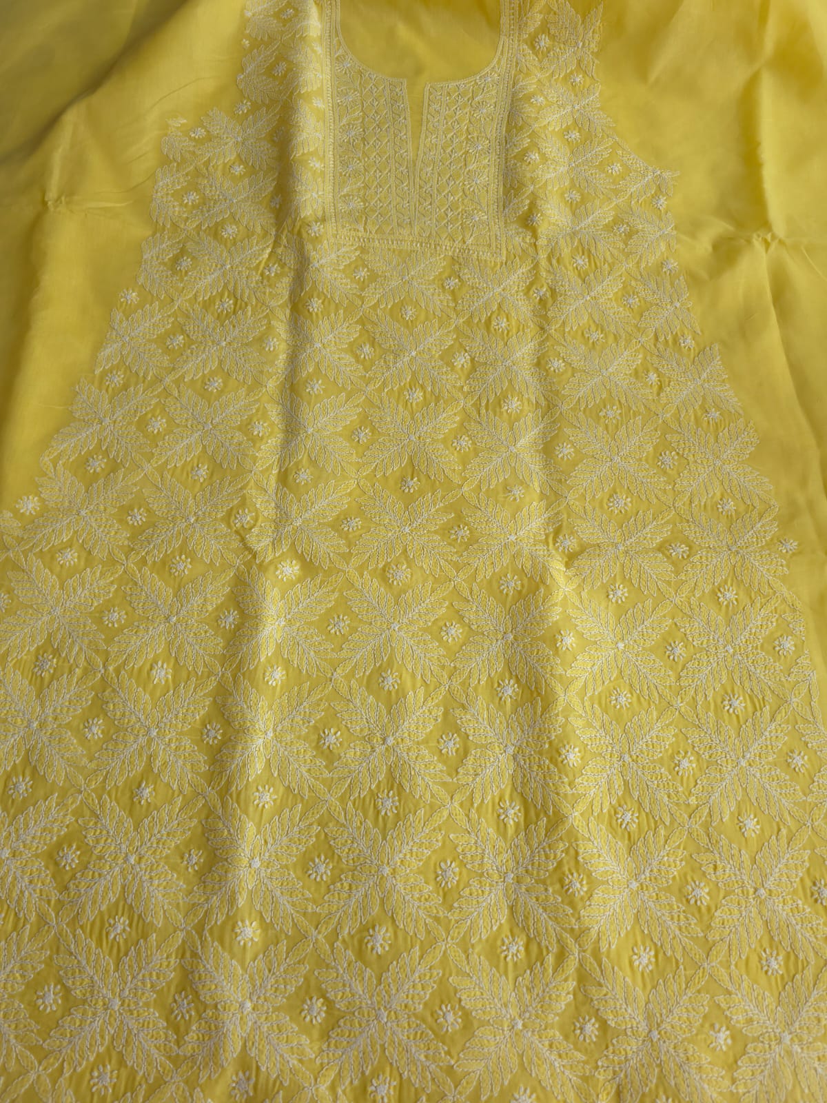 Mango Yellow Cotton kurta fabric with Jaalwork