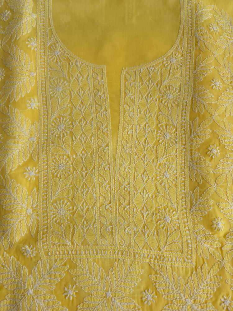 Image of Mango Yellow Cotton kurta fabric with Jaalwork