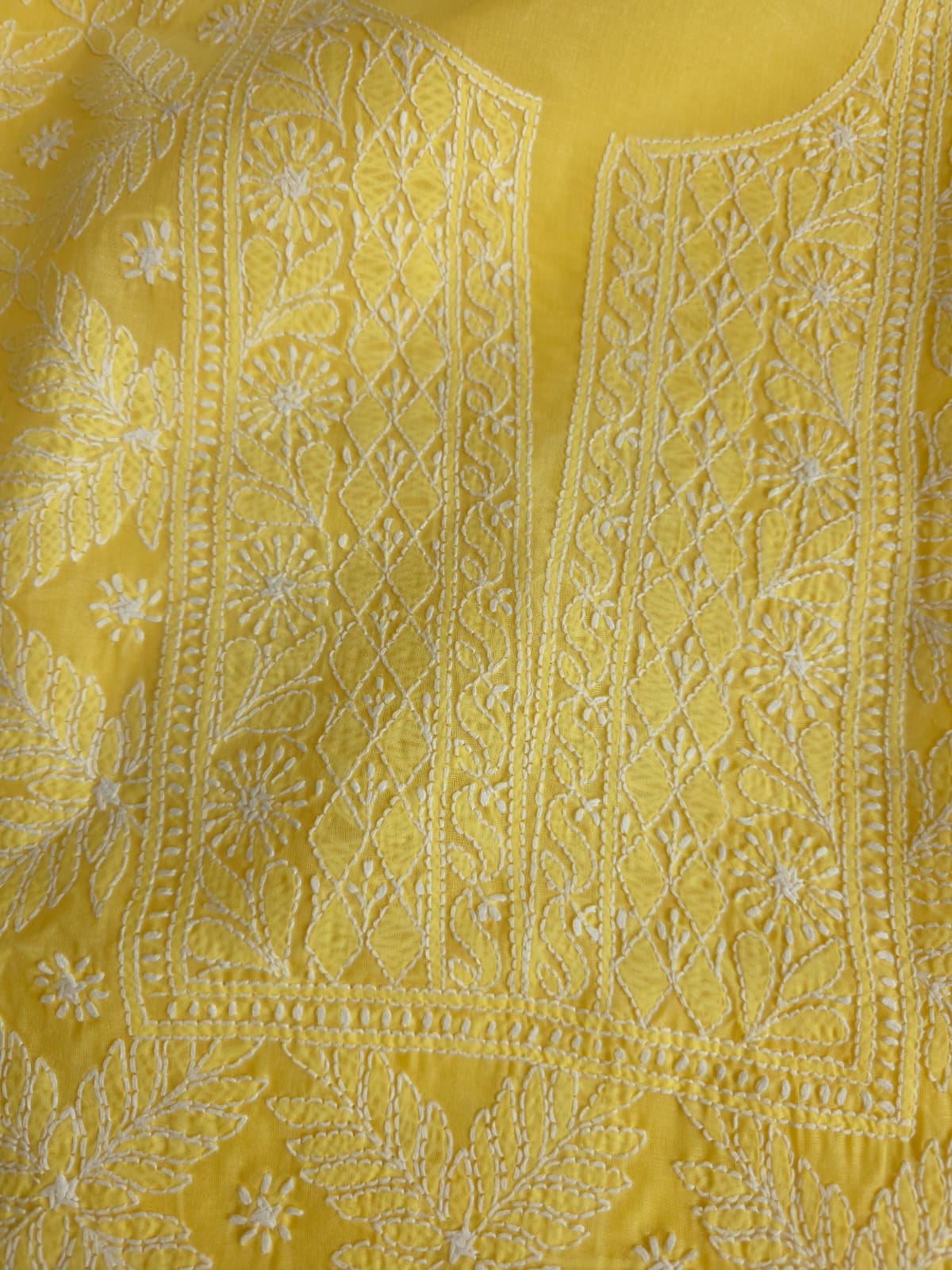 Mango Yellow Cotton kurta fabric with Jaalwork