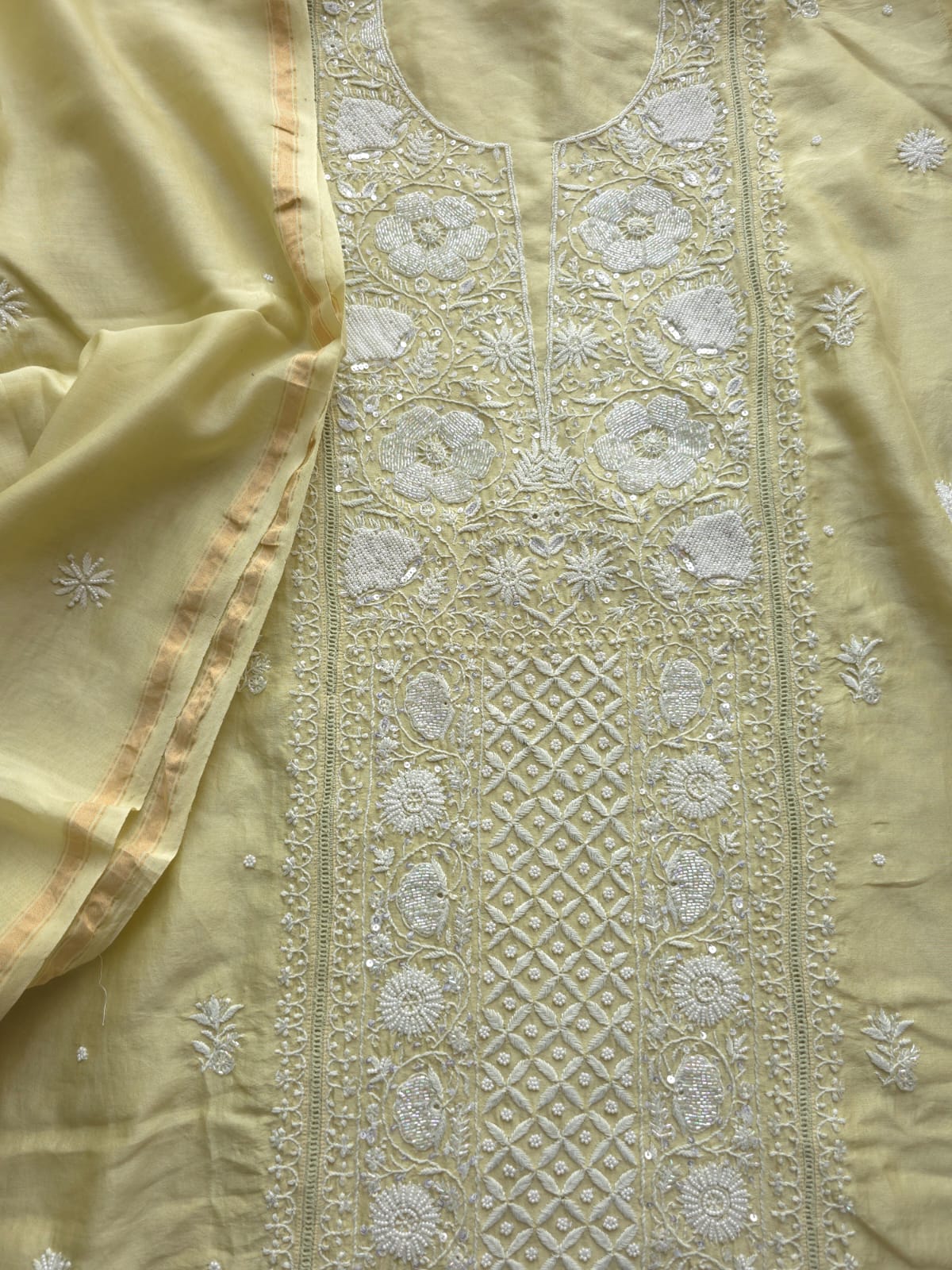 Olive color Semi Stitched kurta and dupatta set with chikan work and embellishments