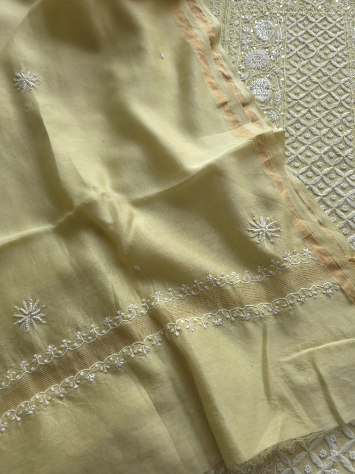 Olive color Semi Stitched kurta and dupatta set with chikan work and embellishments