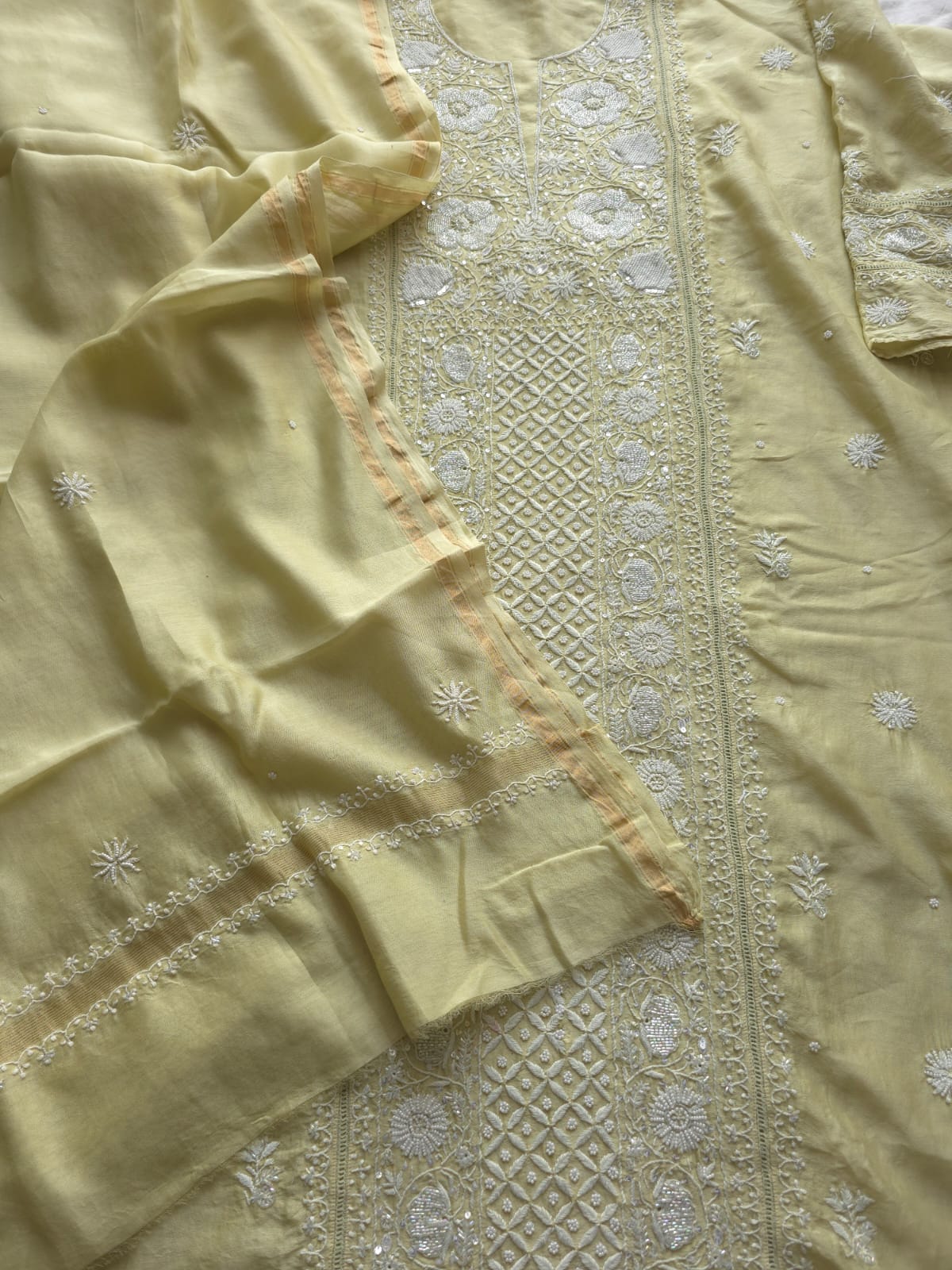 Olive color Semi Stitched kurta and dupatta set with chikan work and embellishments