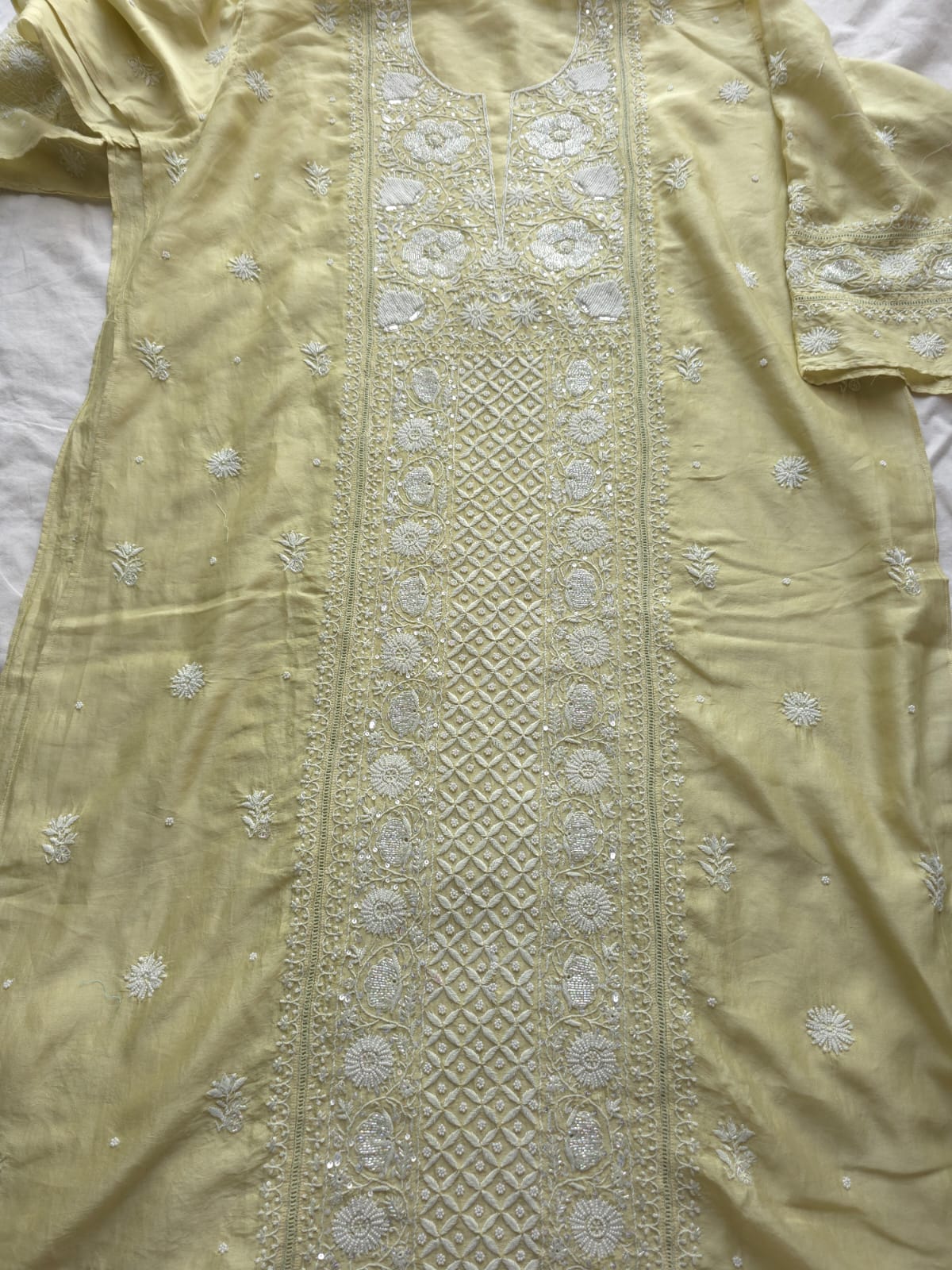 Olive color Semi Stitched kurta and dupatta set with chikan work and embellishments