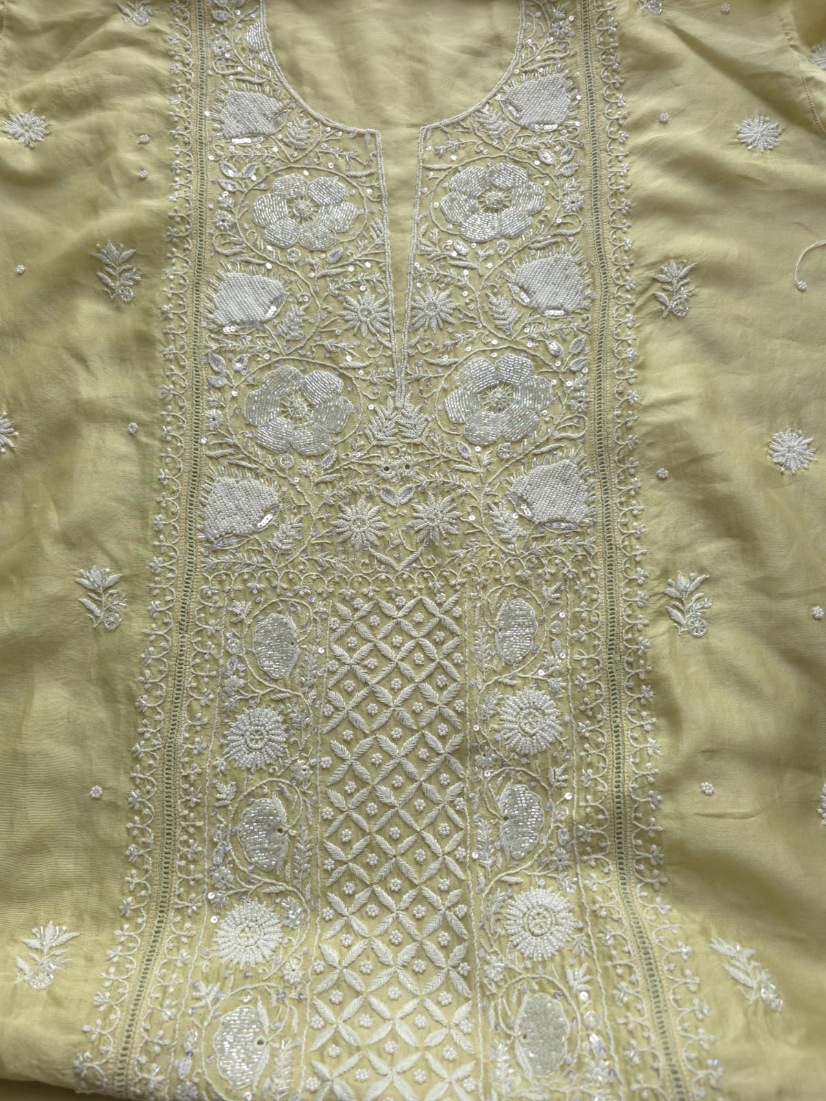 Olive color Semi Stitched kurta and dupatta set with chikan work and embellishments