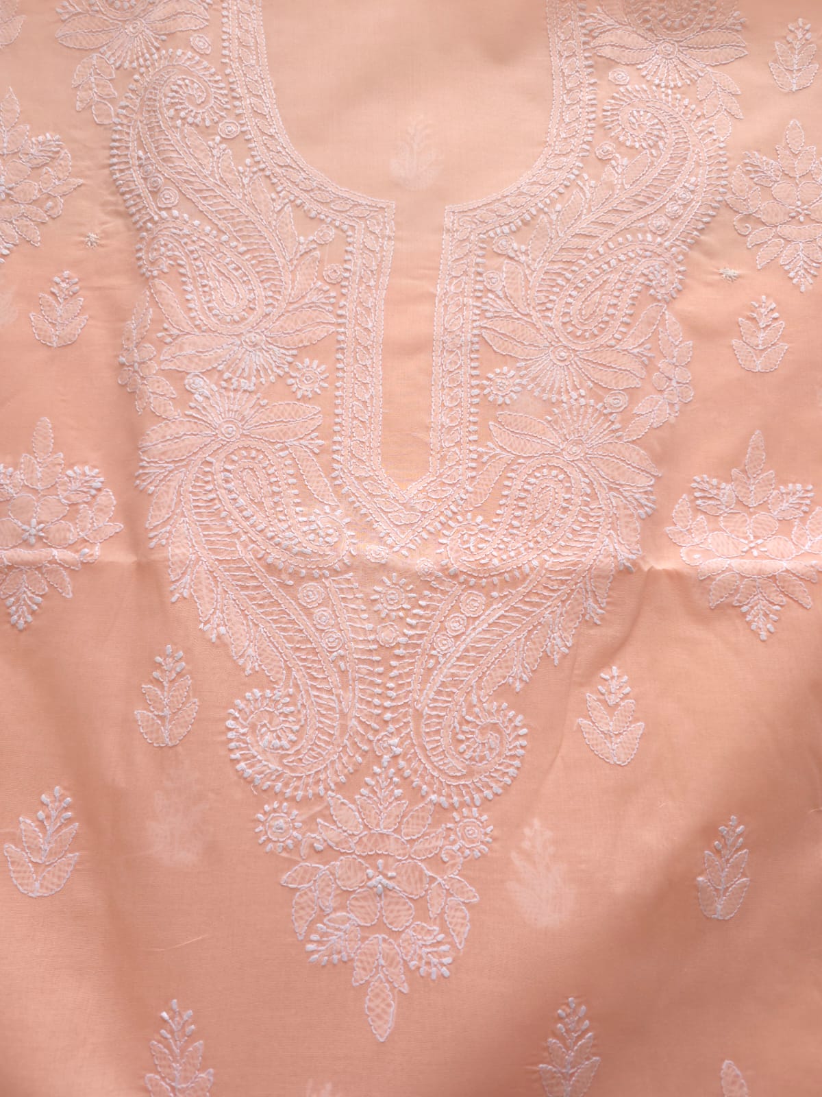Peach Cotton kurta fabric with chikankari