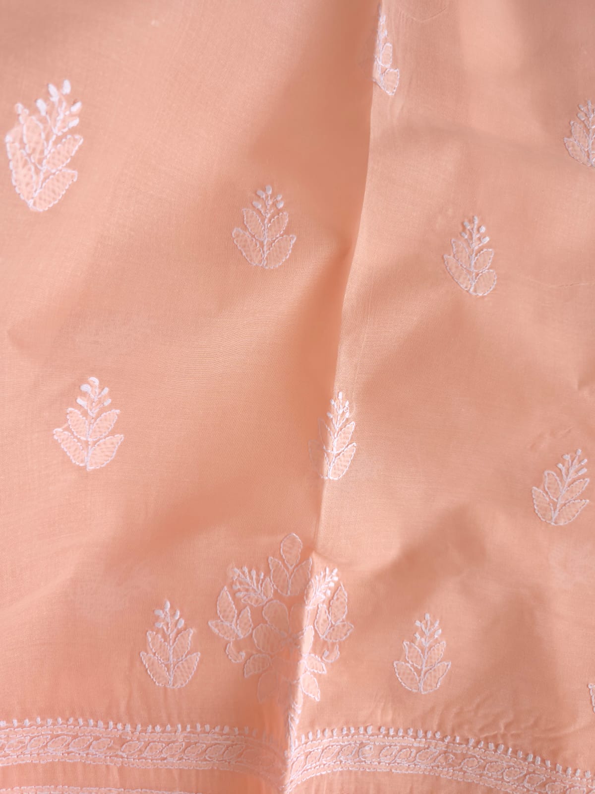 Peach Cotton kurta fabric with chikankari