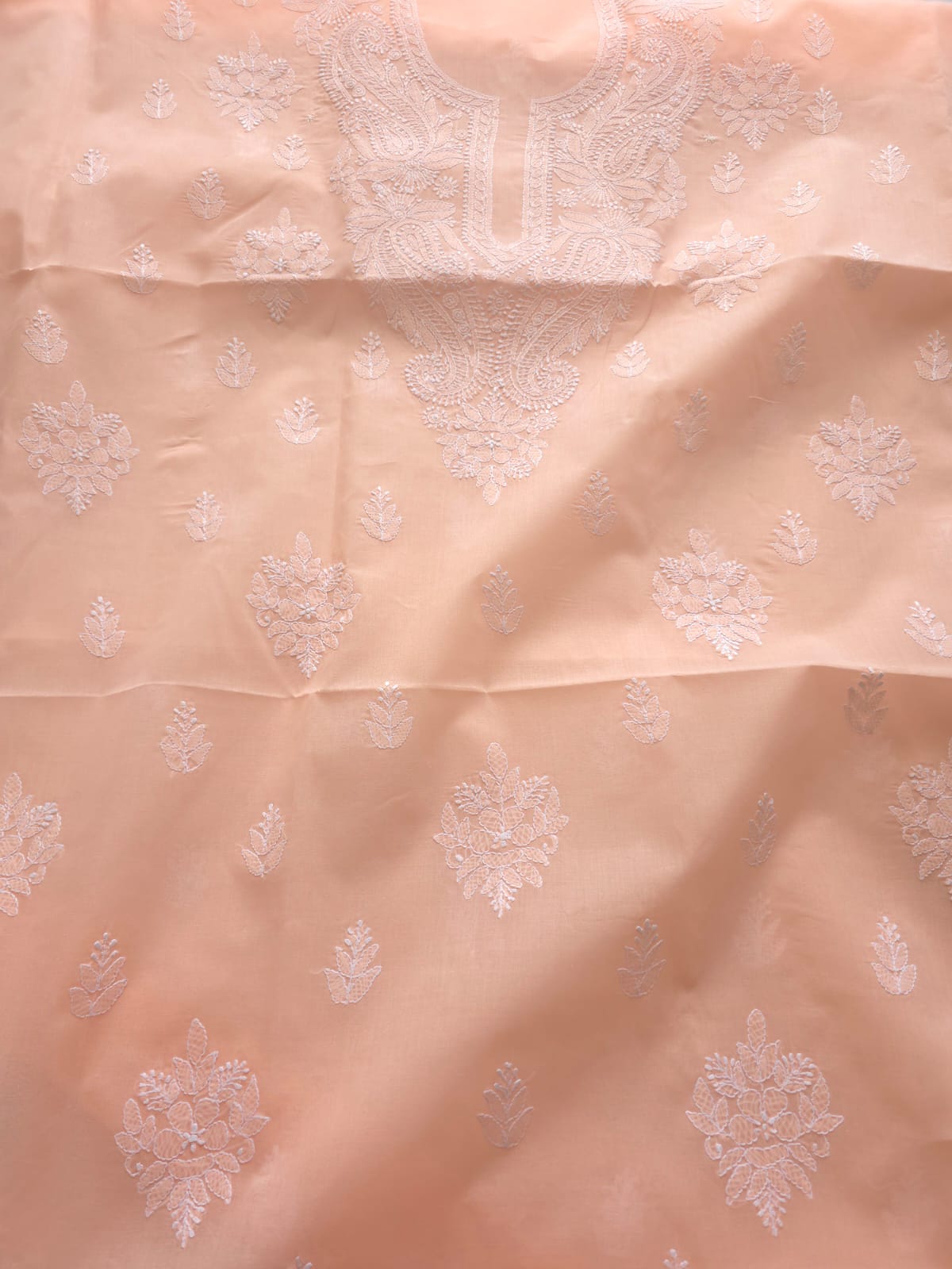 Peach Cotton kurta fabric with chikankari