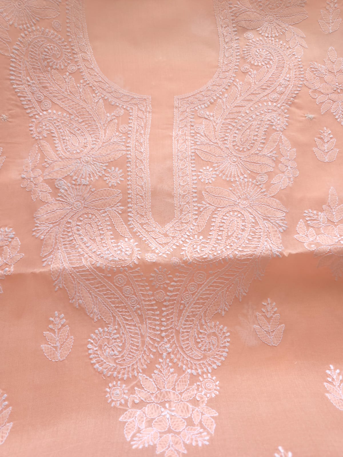 Peach Cotton kurta fabric with chikankari