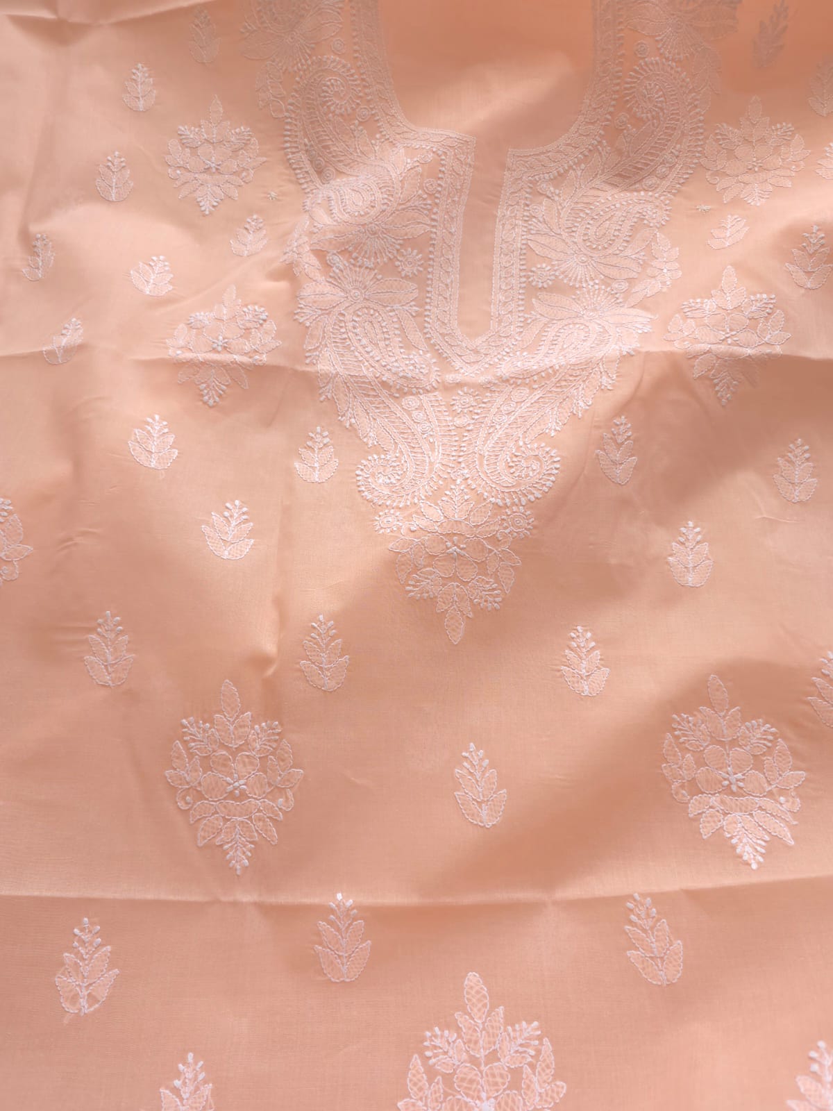 Peach Cotton kurta fabric with chikankari