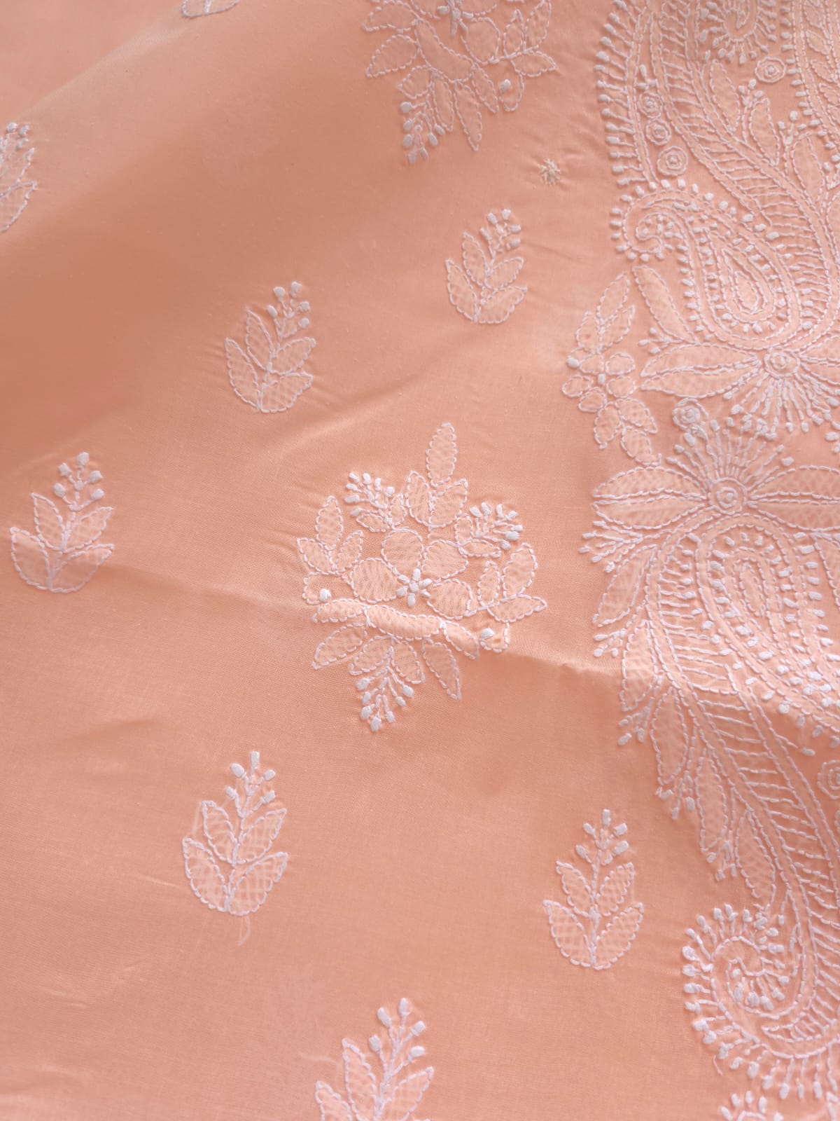 Peach Cotton kurta fabric with chikankari