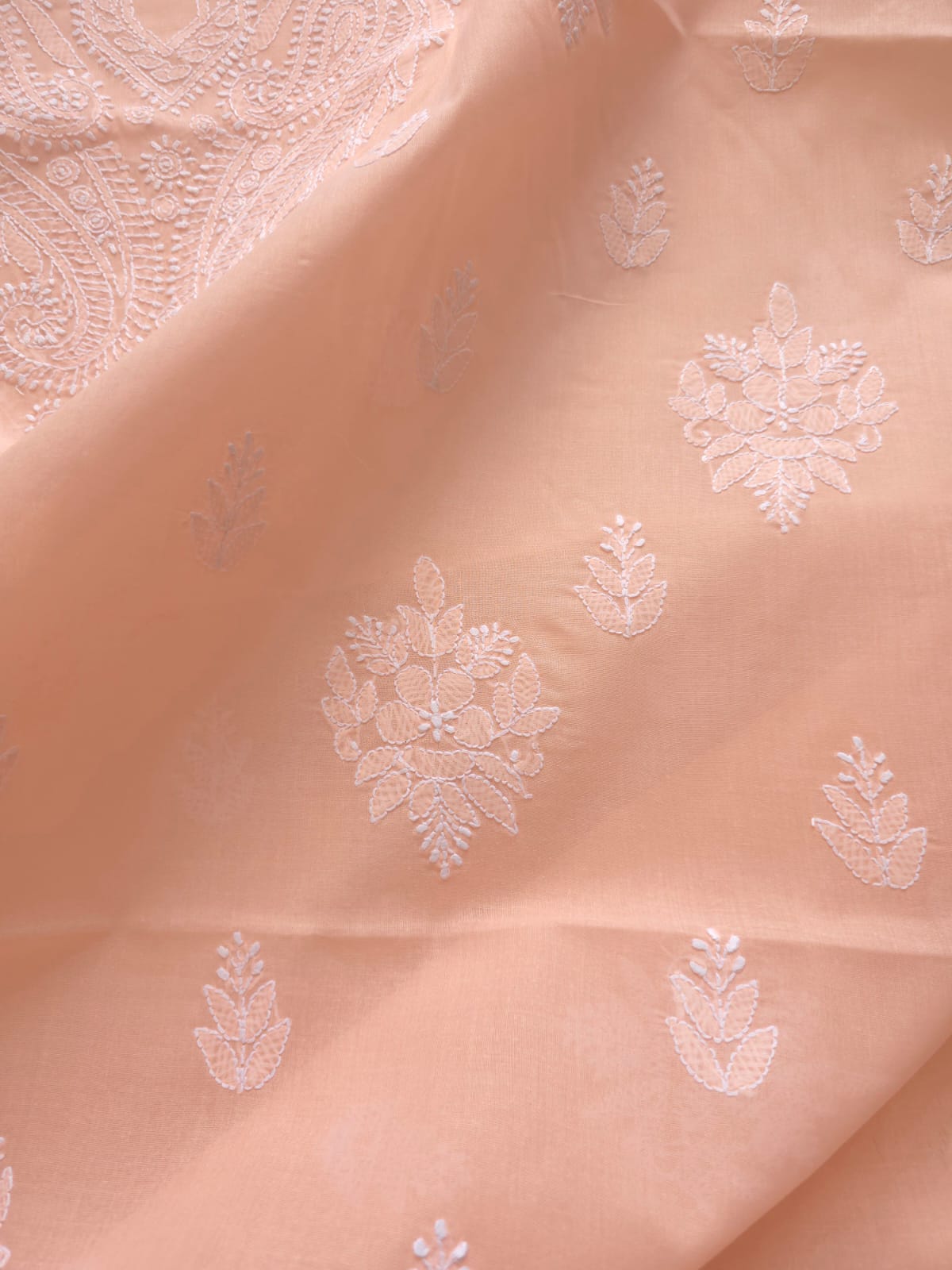 Peach Cotton kurta fabric with chikankari