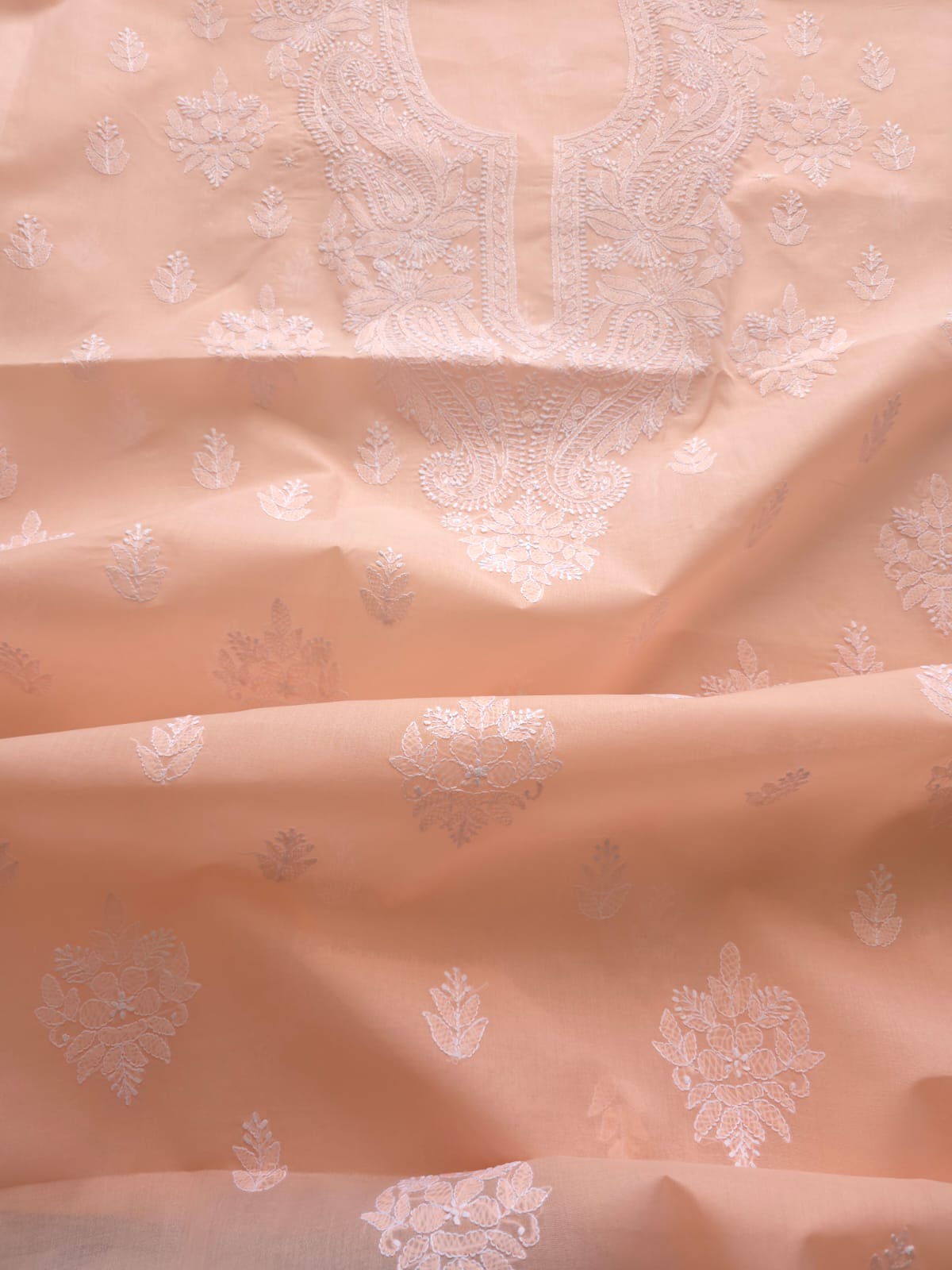 Peach Cotton kurta fabric with chikankari