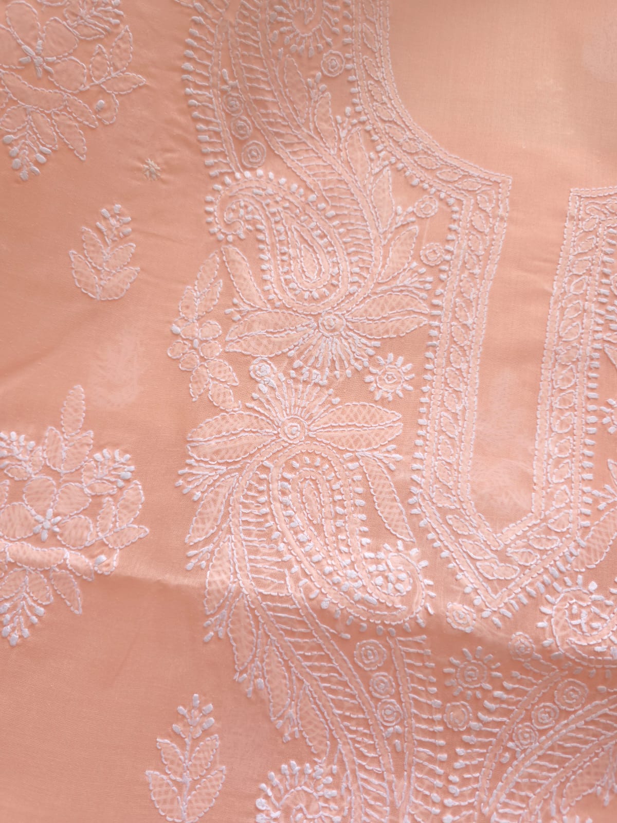Peach Cotton kurta fabric with chikankari
