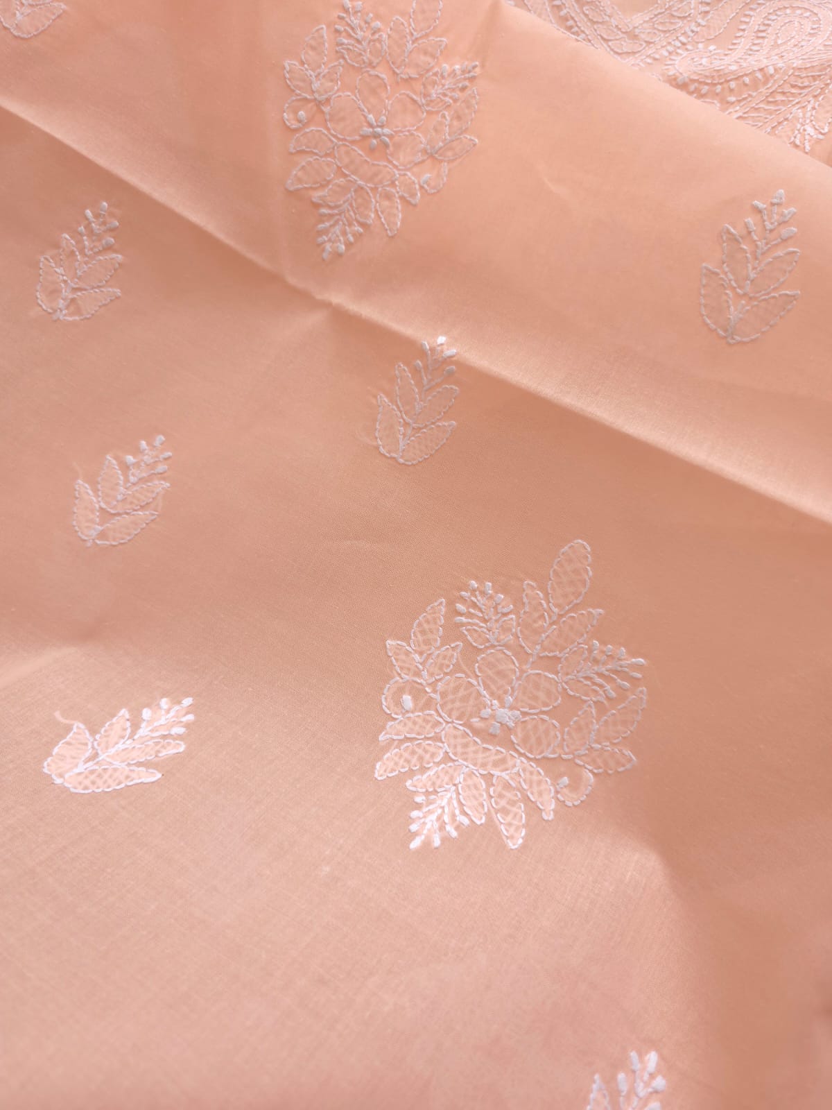 Peach Cotton kurta fabric with chikankari