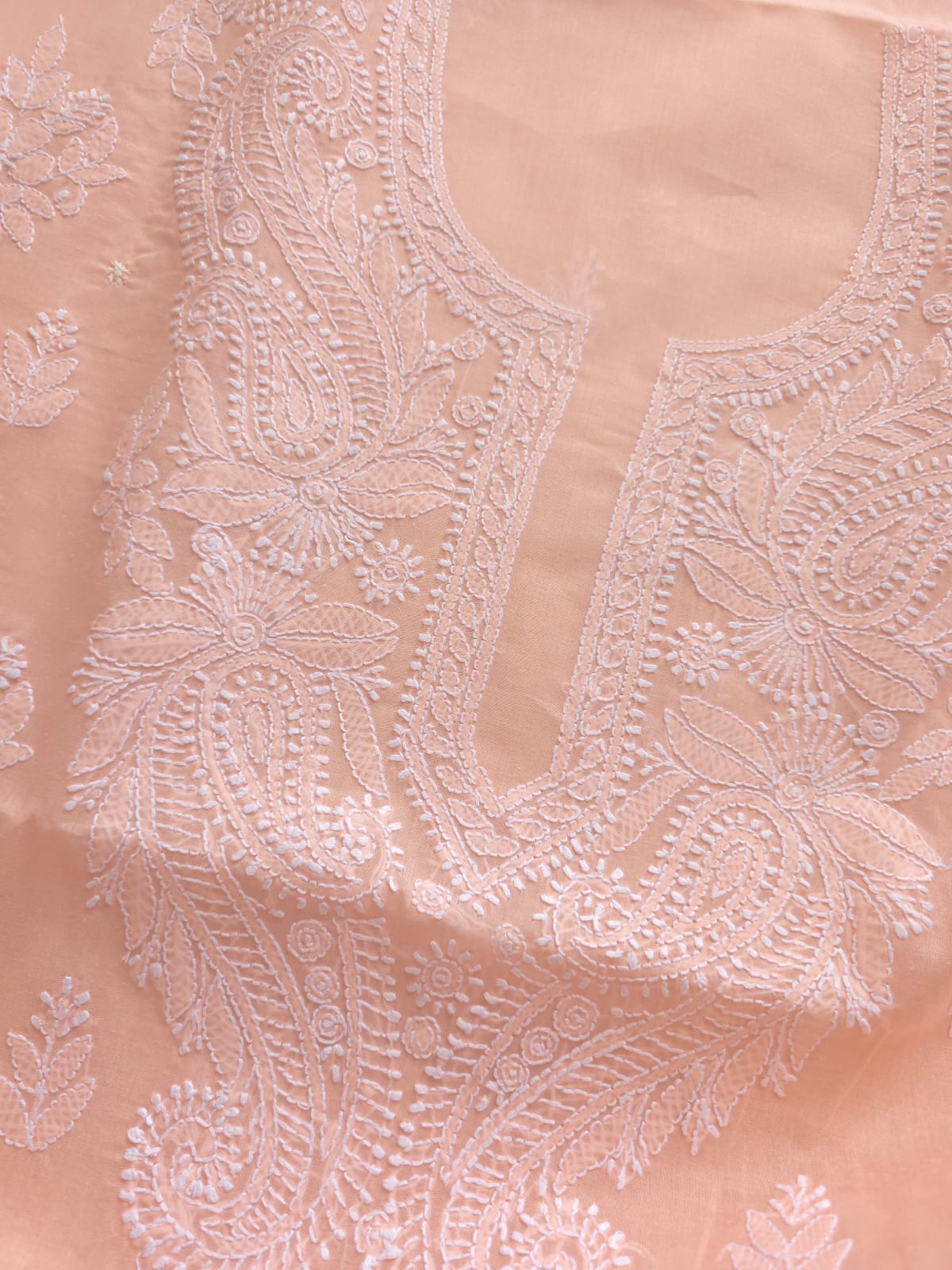 Peach Cotton kurta fabric with chikankari