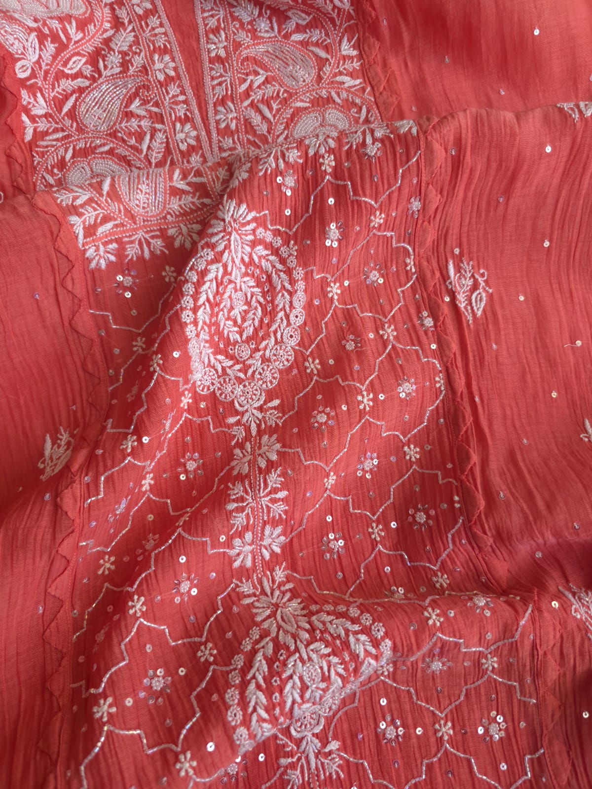 Terracotta Semi stitched Mul chanderi kurta and dupatta set with chikankair and embellishments