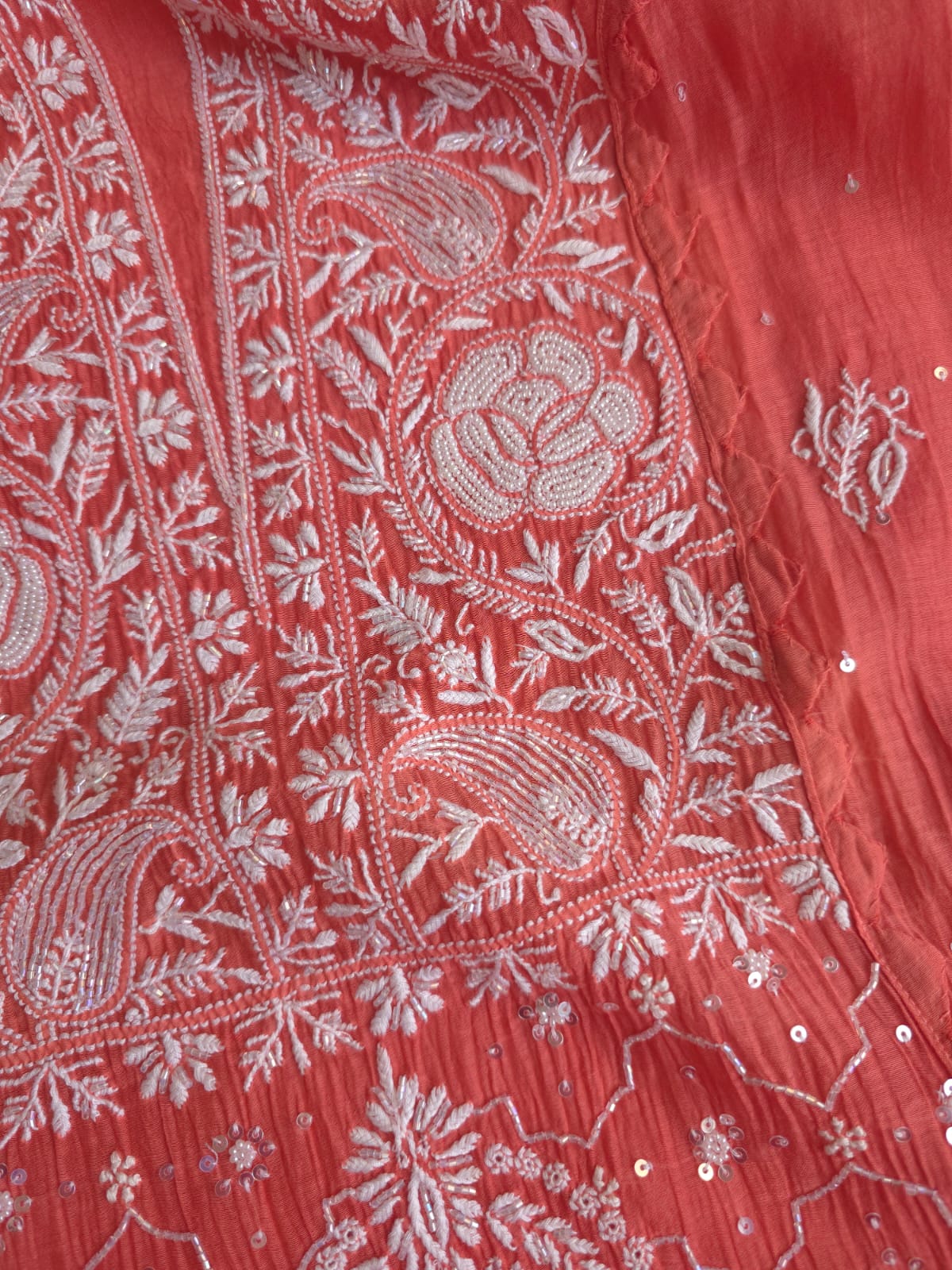 Terracotta Semi stitched Mul chanderi kurta and dupatta set with chikankair and embellishments