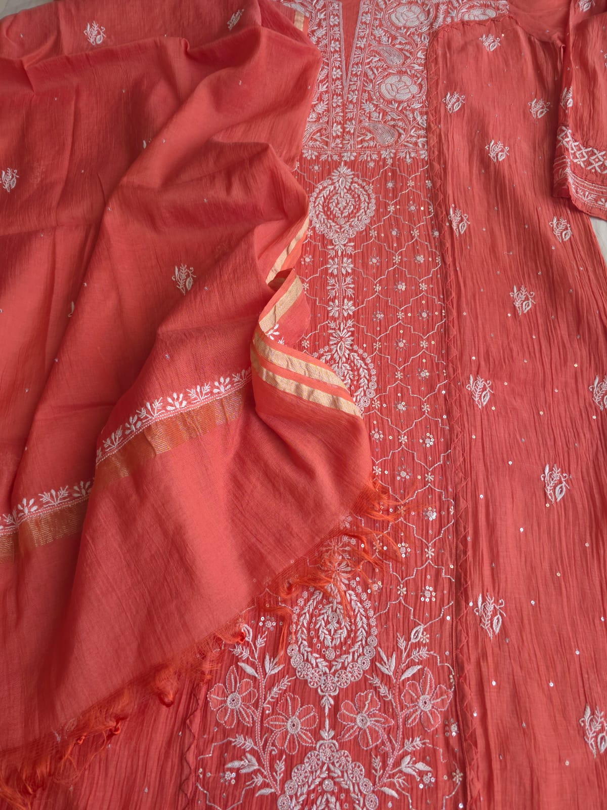 Terracotta Semi stitched Mul chanderi kurta and dupatta set with chikankair and embellishments