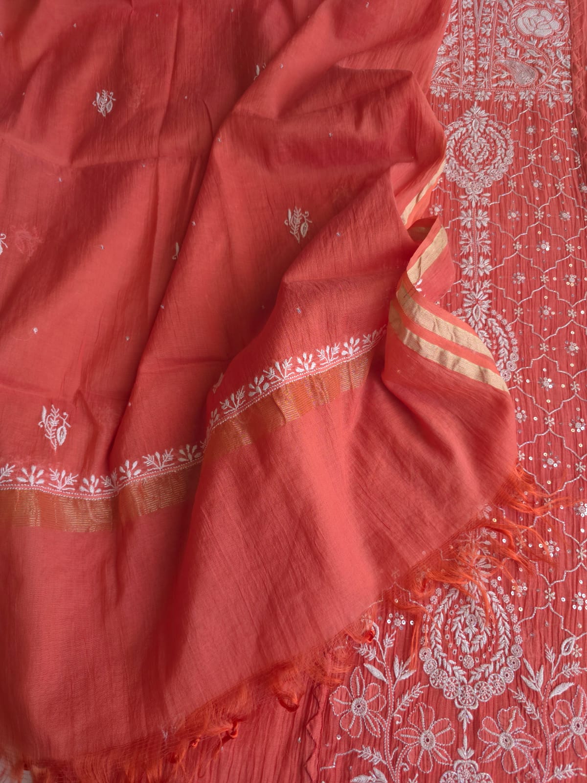 Terracotta Semi stitched Mul chanderi kurta and dupatta set with chikankair and embellishments