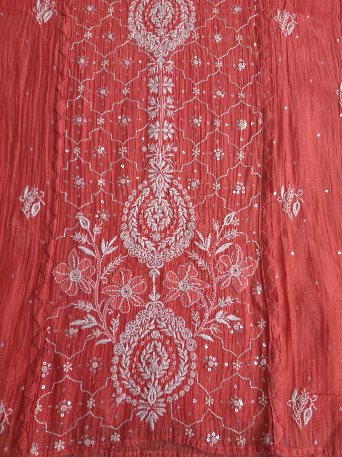 Terracotta Semi stitched Mul chanderi kurta and dupatta set with chikankair and embellishments