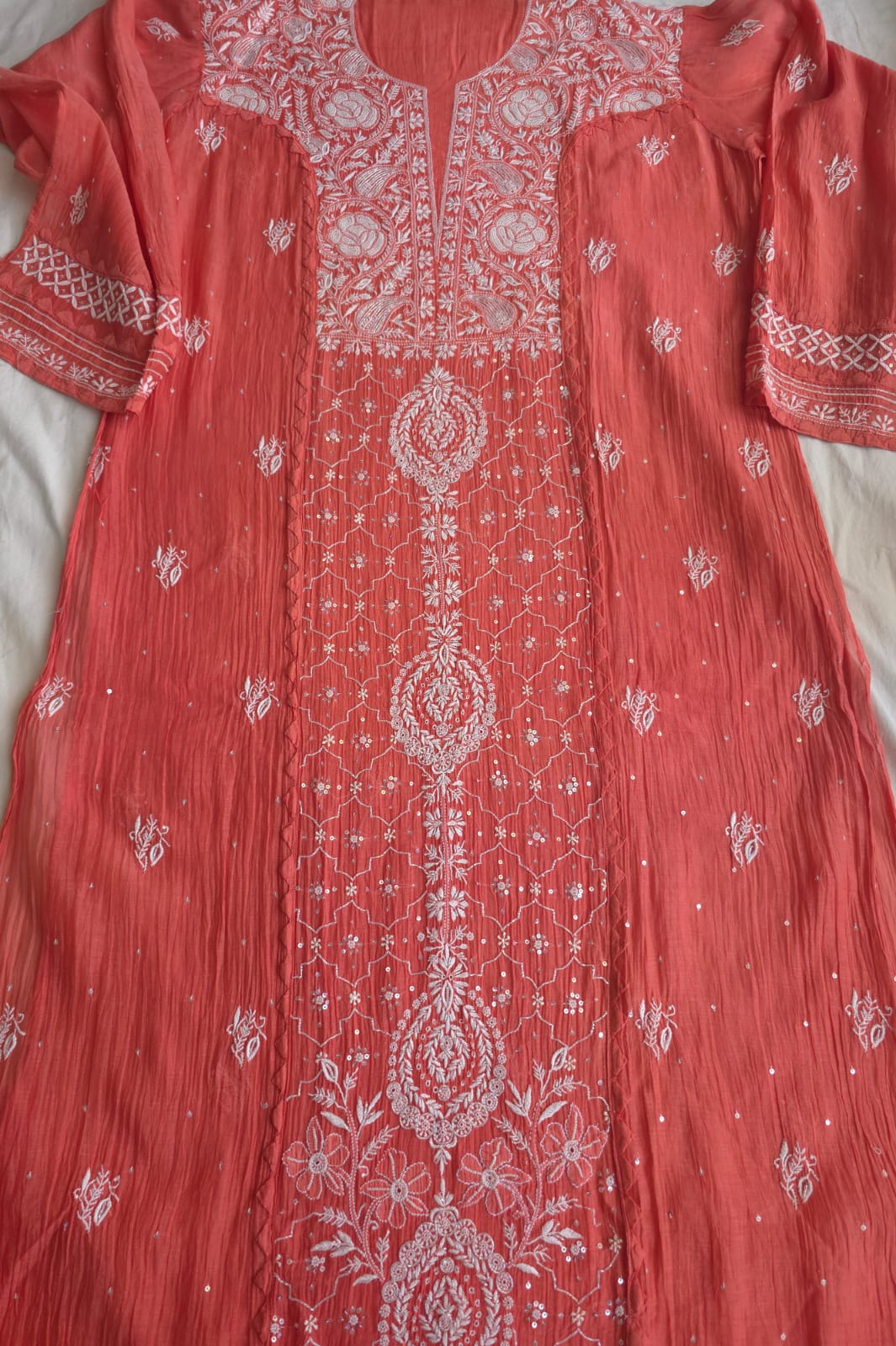 Terracotta Semi stitched Mul chanderi kurta and dupatta set with chikankair and embellishments