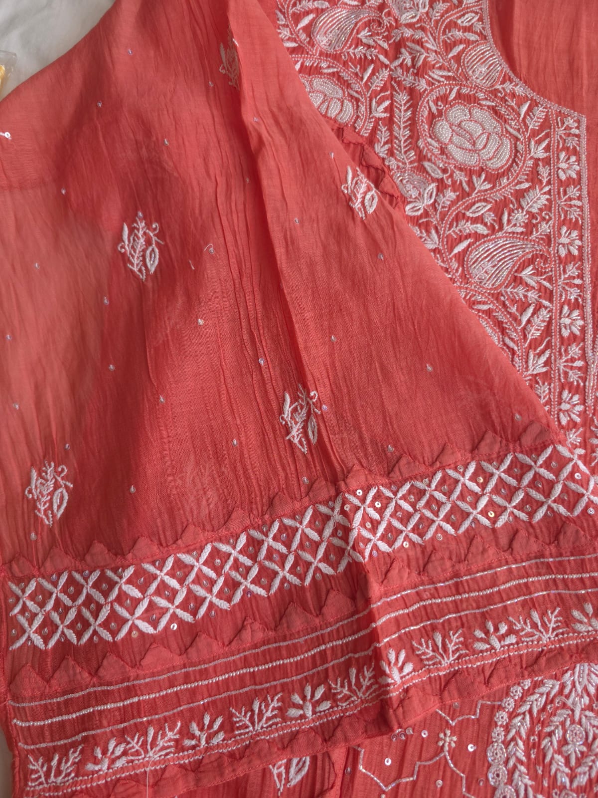 Terracotta Semi stitched Mul chanderi kurta and dupatta set with chikankair and embellishments