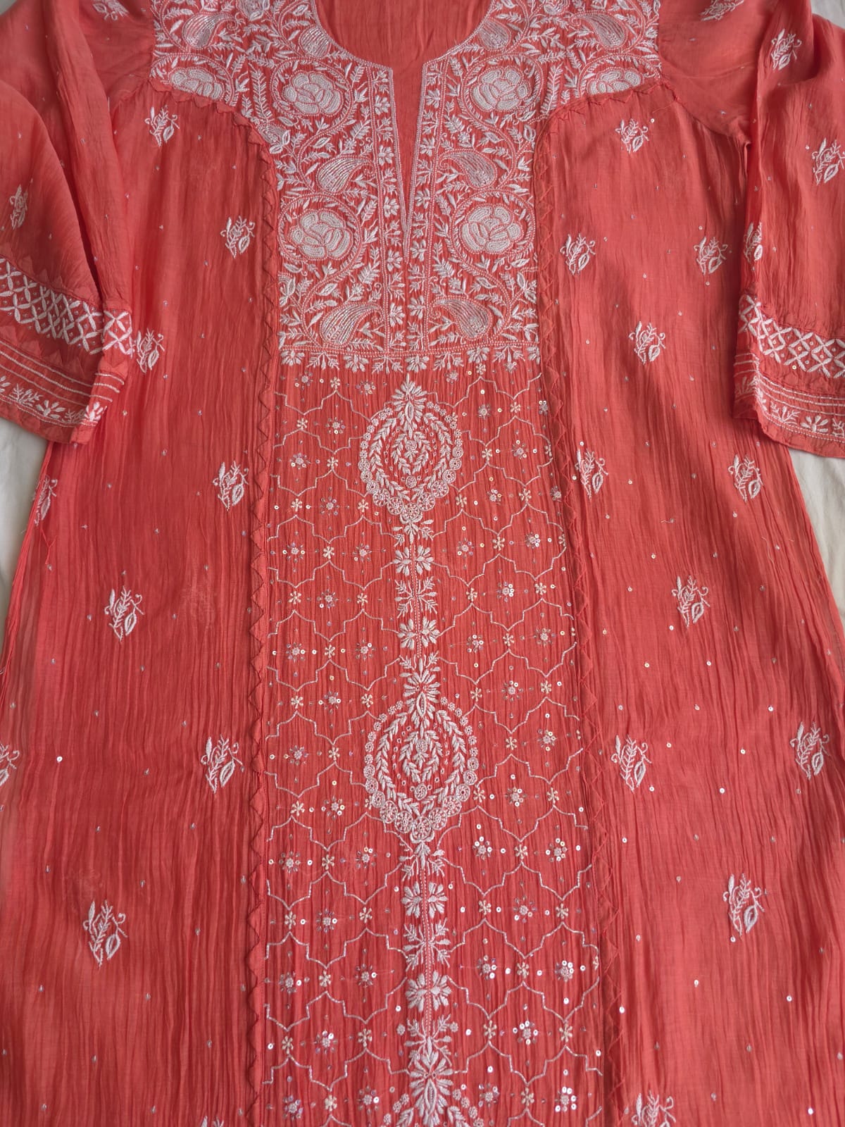 Terracotta Semi stitched Mul chanderi kurta and dupatta set with chikankair and embellishments