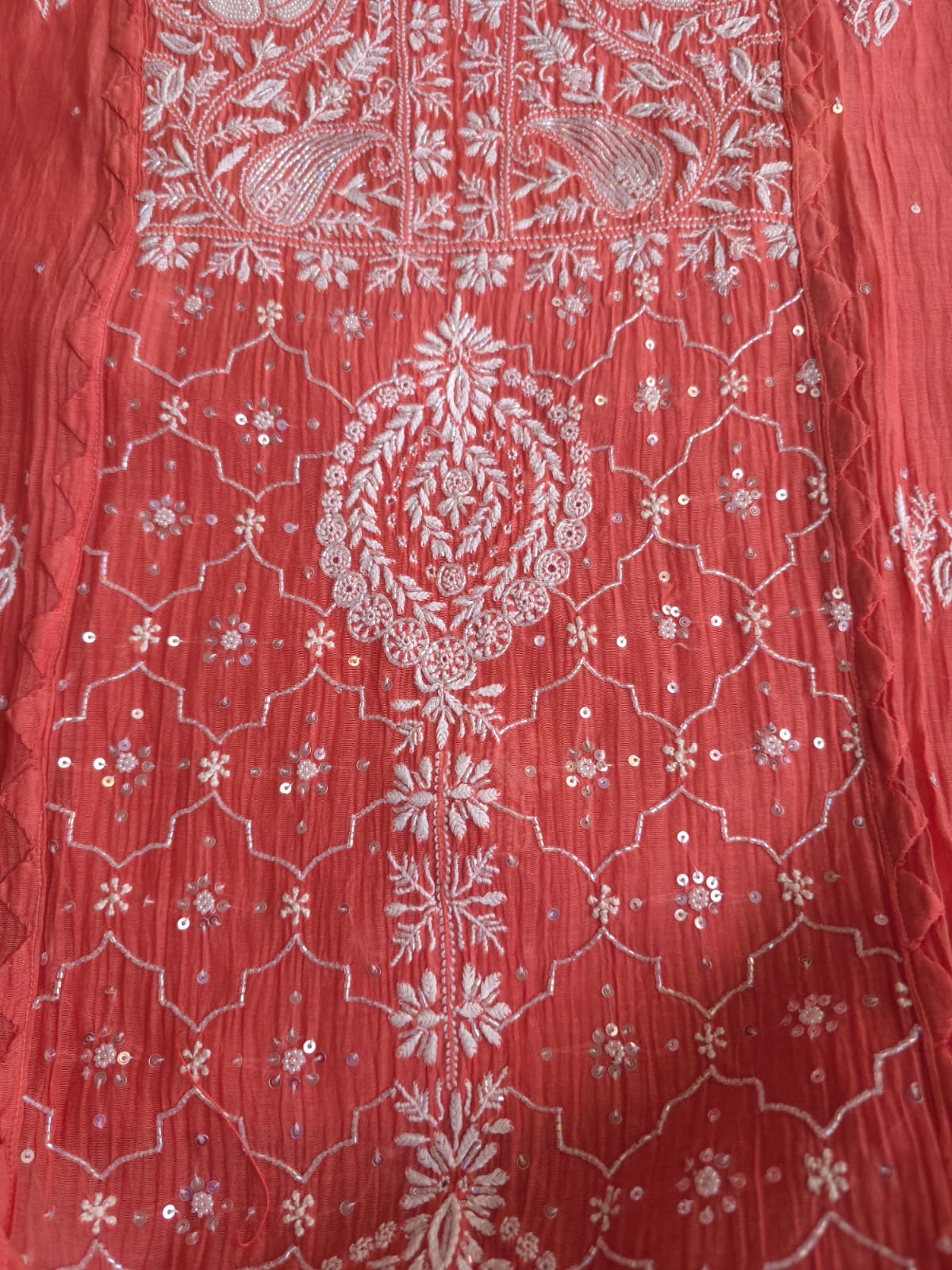 Terracotta Semi stitched Mul chanderi kurta and dupatta set with chikankair and embellishments