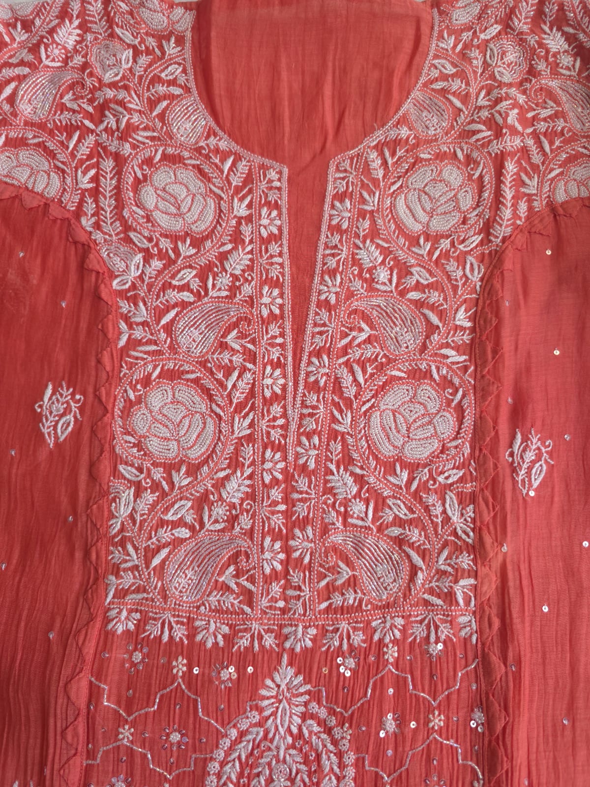 Terracotta Semi stitched Mul chanderi kurta and dupatta set with chikankair and embellishments